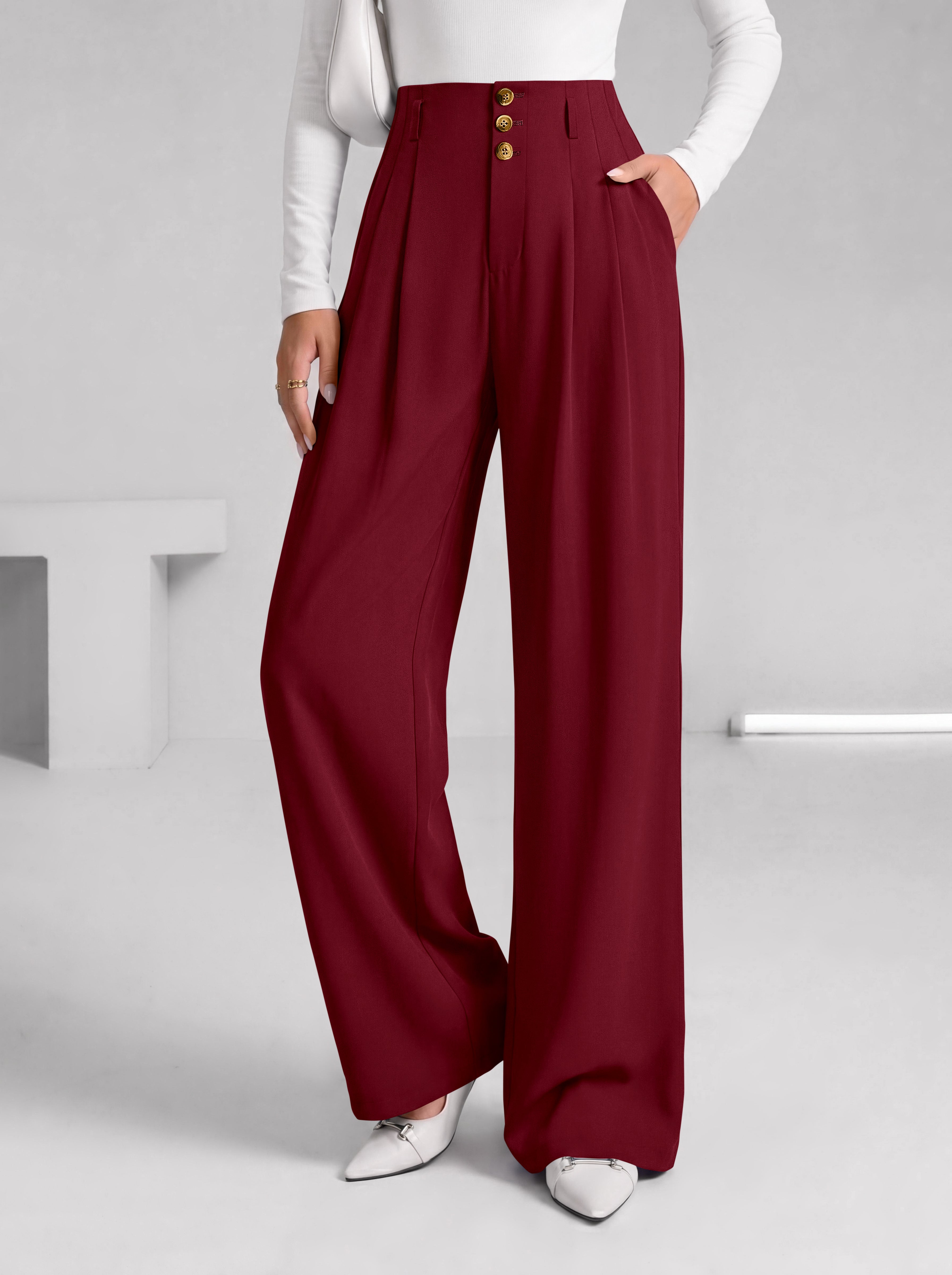 BTFBM Wide Leg Dress Pants Women Business Casual Outfits Elastic High Waisted Palazzo Pants, Button Zip Up Closure, Pleated Office Work Trousers With Pockets, Fall Fashion