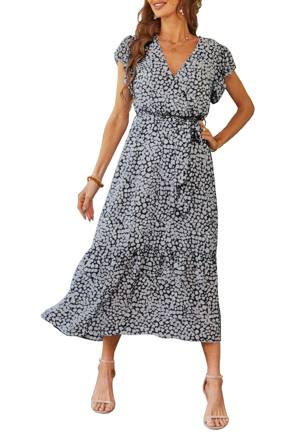 PRETTYGARDEN Women's Summer Floral Boho Maxi Dress Wrap Short Sleeve V Neck Ruffle A-Line Flowy Wedding Guest Long Dresses