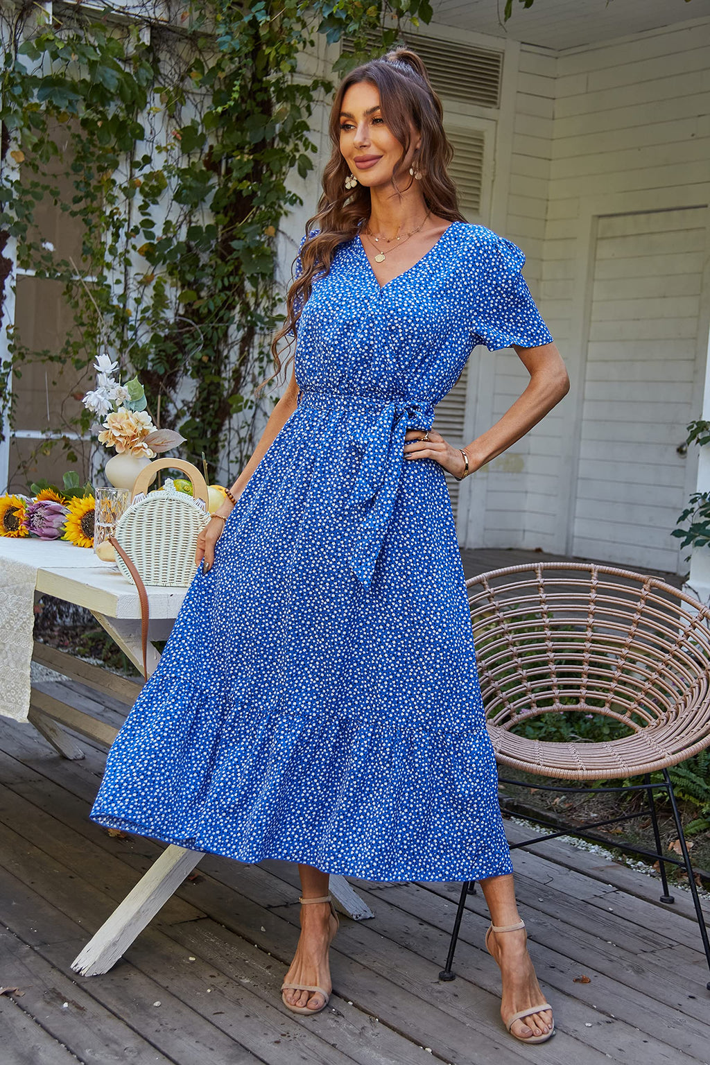 PRETTYGARDEN Women's Summer Floral Boho Maxi Dress Wrap Short Sleeve V Neck Ruffle A-Line Flowy Wedding Guest Long Dresses