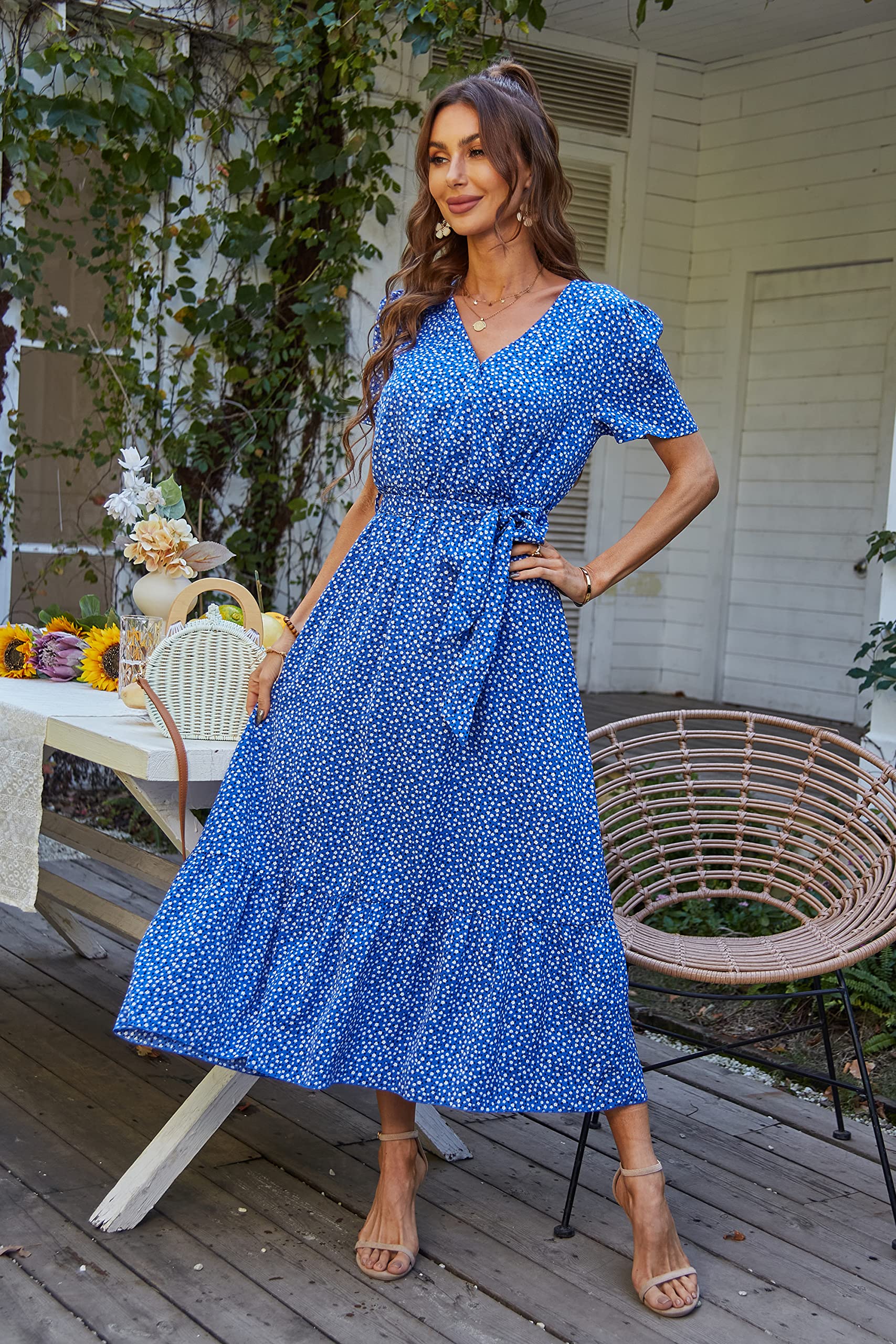 PRETTYGARDEN Women's Summer Floral Boho Maxi Dress Wrap Short Sleeve V Neck Ruffle A-Line Flowy Wedding Guest Long Dresses