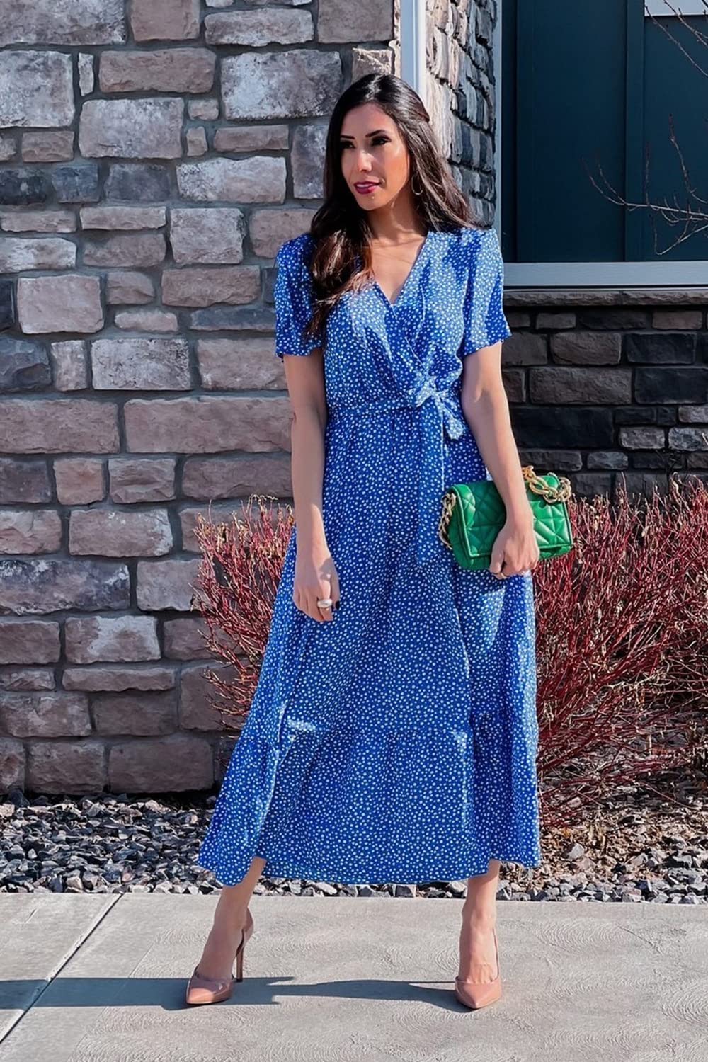 PRETTYGARDEN Women's Summer Floral Boho Maxi Dress Wrap Short Sleeve V Neck Ruffle A-Line Flowy Wedding Guest Long Dresses
