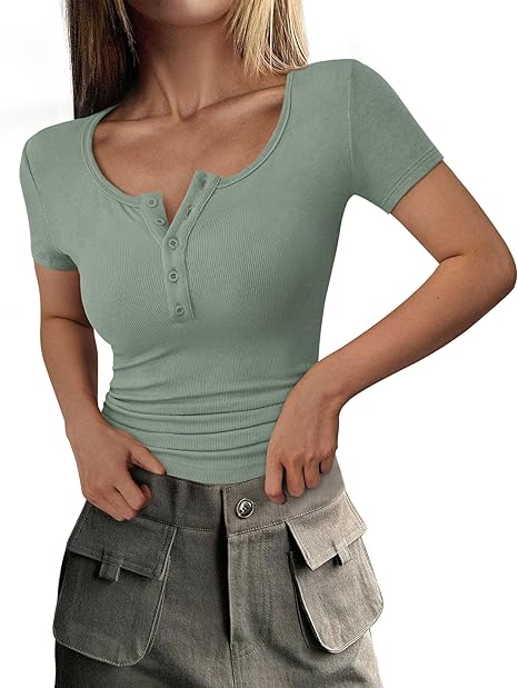 PRETTYGARDEN Women's  Fall Summer Short Sleeve Tops Ribbed Henley Button Slim Fit Basic Casual T Shirts Blouse Clothing