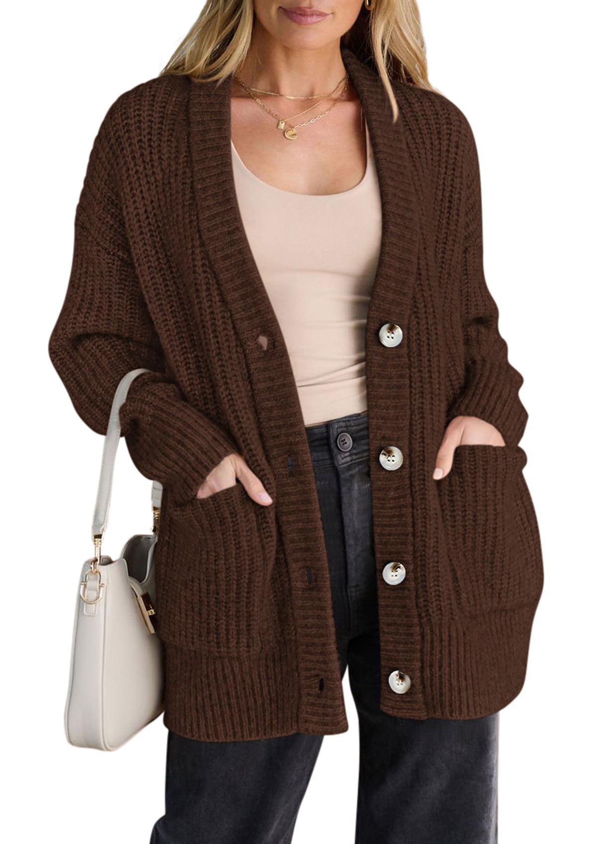 PRETTYGARDEN Oversized Cardigan Sweaters for Women Button Up V Neck Long Cardigans, Chunky Ribbed Knit Loose Fit with Side Pockets, Fall Winter Clothing