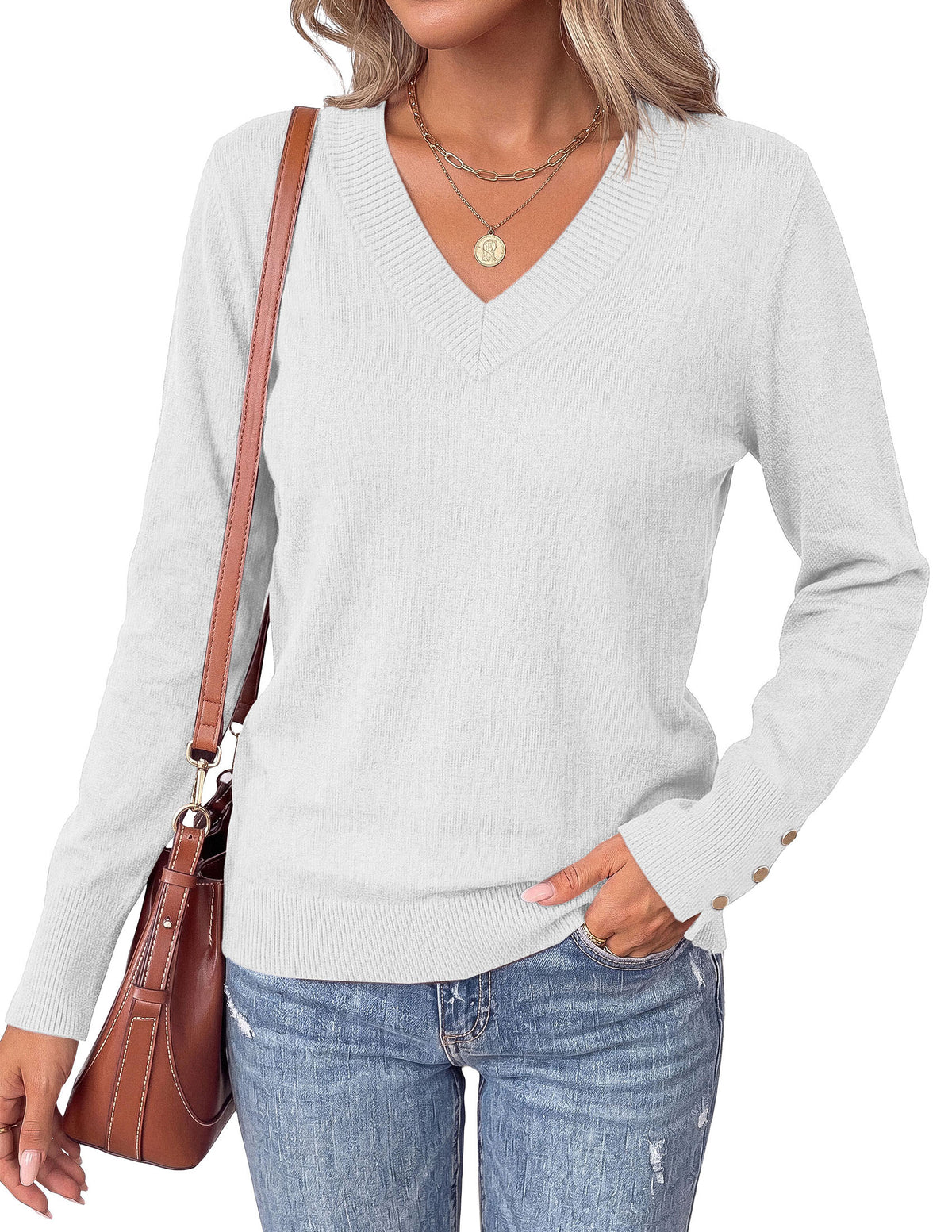 PRETTYGARDEN Fall Sweaters for Women V Neck Lightweight Pullover Soft Knit Sweater Tops,Long Sleeve,Slit Cuffs with Decorative,Layering Winter Clothes
