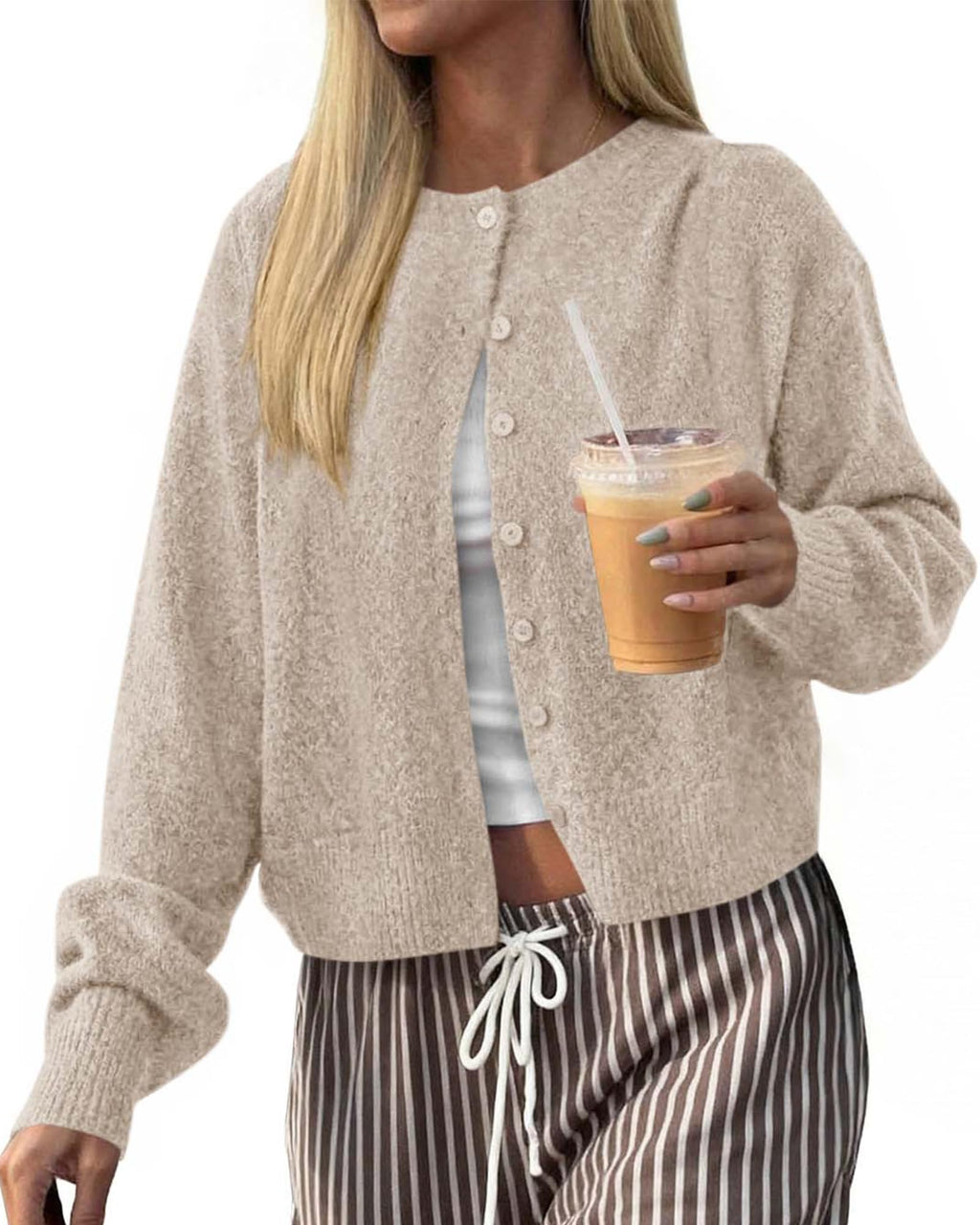 FreshPretty Cardigan Sweaters for Women Fall Long Sleeve Lightweight Knit,Button Front,Crewneck Drop Shoulder Business Casual Outfits,Soft Textured Cropped Sweater,Loose Daily Wear Travel Vacation