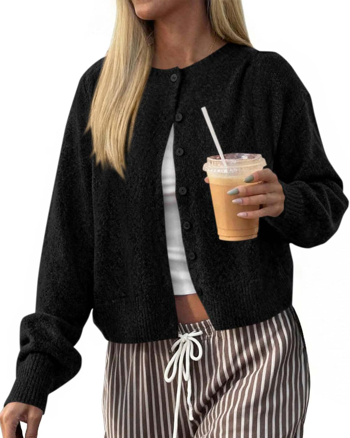 FreshPretty Cardigan Sweaters for Women Fall Long Sleeve Lightweight Knit,Button Front,Crewneck Drop Shoulder Business Casual Outfits,Soft Textured Cropped Sweater,Loose Daily Wear Travel Vacation