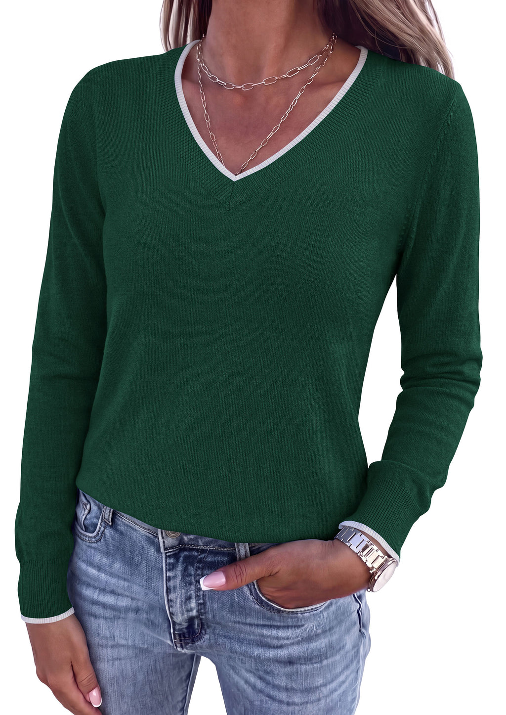 PRETTYGARDEN Women's V Neck Sweater Long Sleeve Knit Tops Patchwork V Neck, Cozy Lightweight Pullover, Loose Basic Soft, Business Casual, Fall Winter Clothes