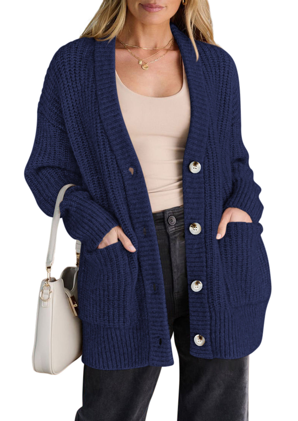 PRETTYGARDEN Oversized Cardigan Sweaters for Women Button Up V Neck Long Cardigans, Chunky Ribbed Knit Loose Fit with Side Pockets, Fall Winter Clothing