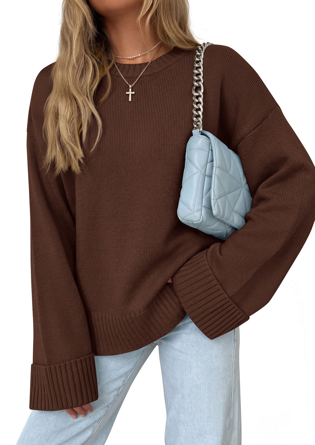 PRETTYGARDEN Oversized Sweater Women's Crewneck Long Sleeve Tops Solid Ribbed Knit Top, Drop Shoulder Pullover Sweaters,Fall Winter Cozy Cloting