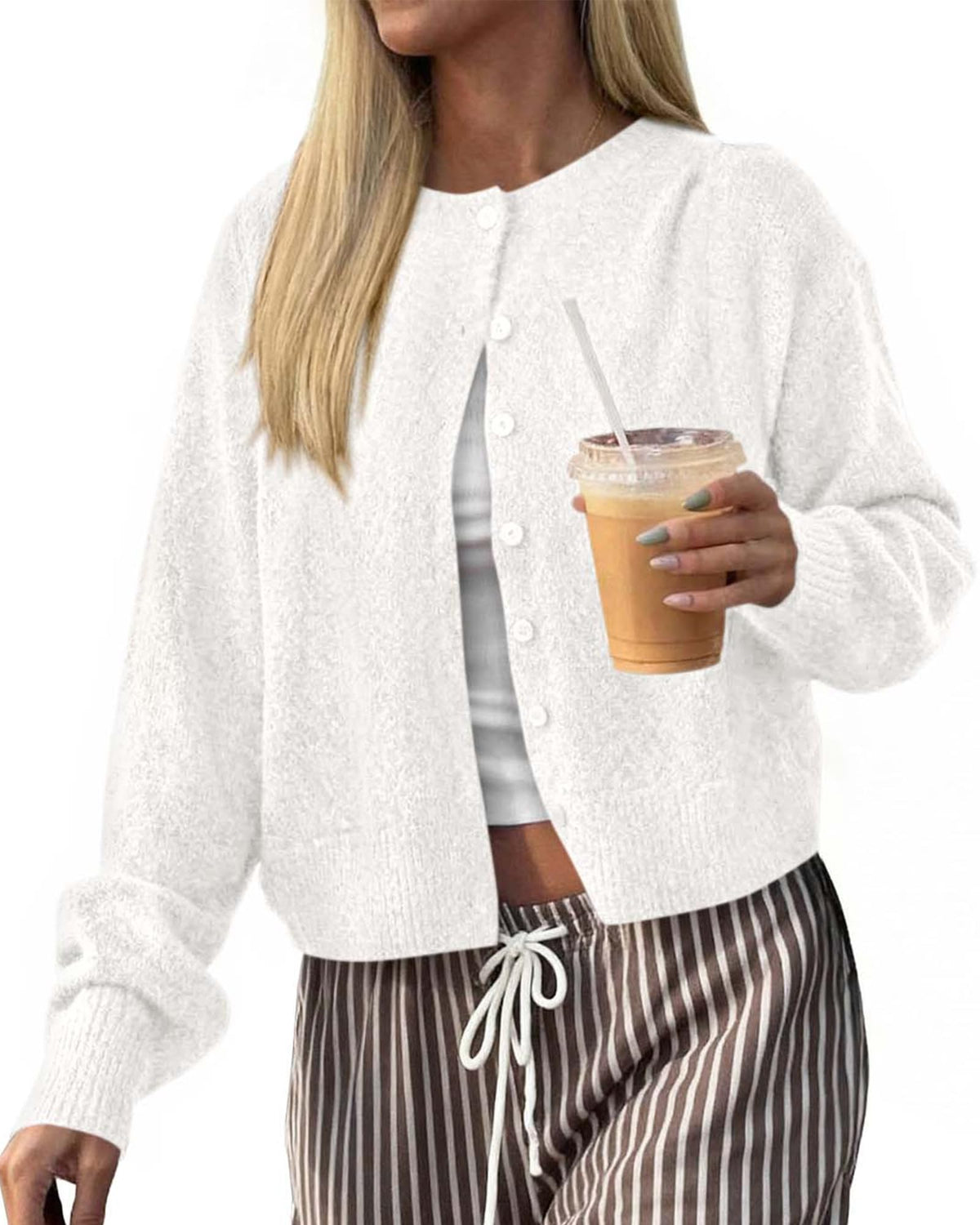 FreshPretty Cardigan Sweaters for Women Fall Long Sleeve Lightweight Knit,Button Front,Crewneck Drop Shoulder Business Casual Outfits,Soft Textured Cropped Sweater,Loose Daily Wear Travel Vacation