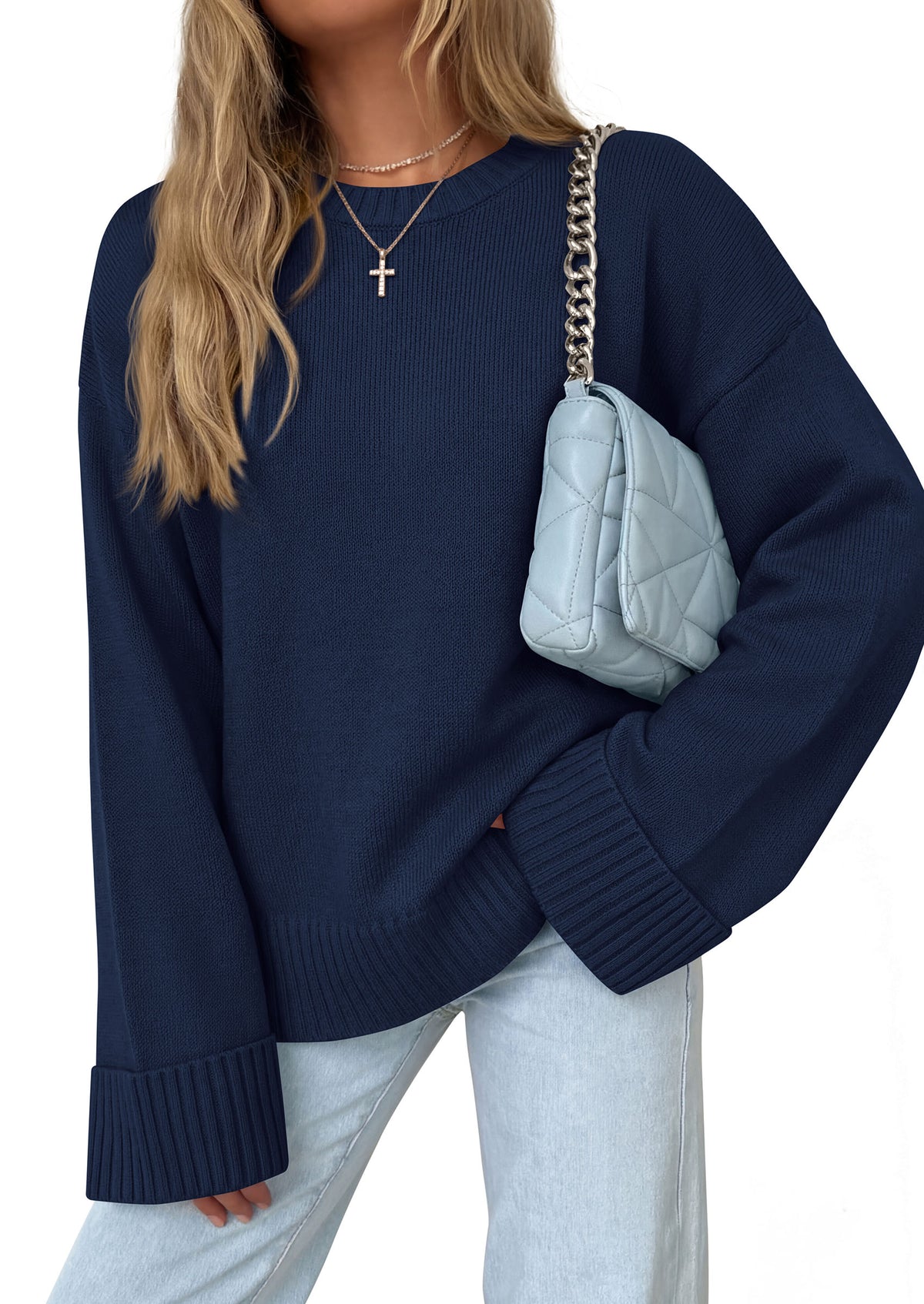 PRETTYGARDEN Oversized Sweater Women's Crewneck Long Sleeve Tops Solid Ribbed Knit Top, Drop Shoulder Pullover Sweaters,Fall Winter Cozy Cloting