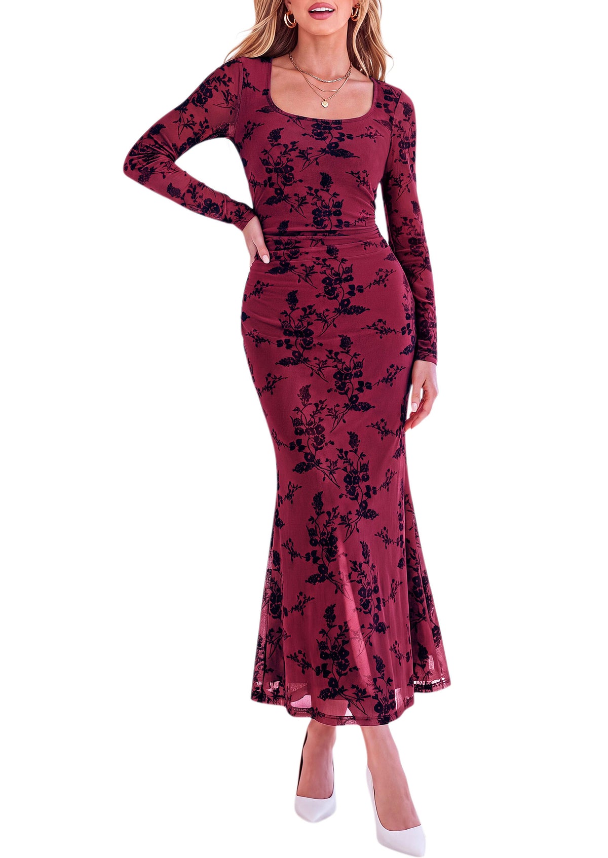 PRETTYGARDEN Women's Long Sleeve Floral Maxi Bodycon Dress Cocktail Dresses for Wedding Guest, Square Neck, Stretchy Mesh, Elegant Classy, Formal Holiday Party