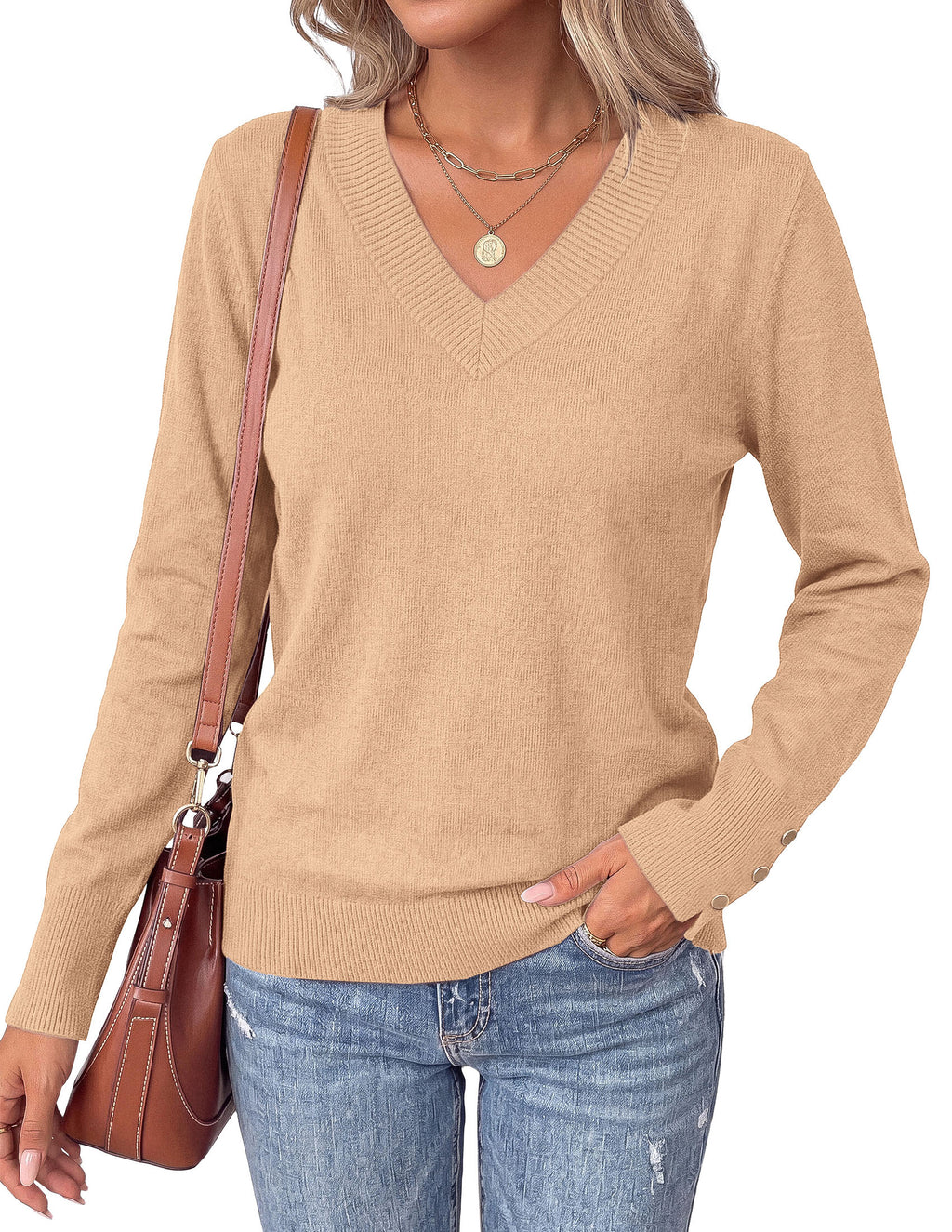 PRETTYGARDEN Fall Sweaters for Women V Neck Lightweight Pullover Soft Knit Sweater Tops,Long Sleeve,Slit Cuffs with Decorative,Layering Winter Clothes