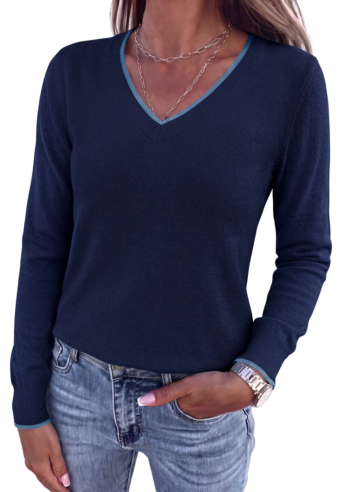 PRETTYGARDEN Women's V Neck Sweater Long Sleeve Knit Tops Patchwork V Neck, Cozy Lightweight Pullover, Loose Basic Soft, Business Casual, Fall Winter Clothes