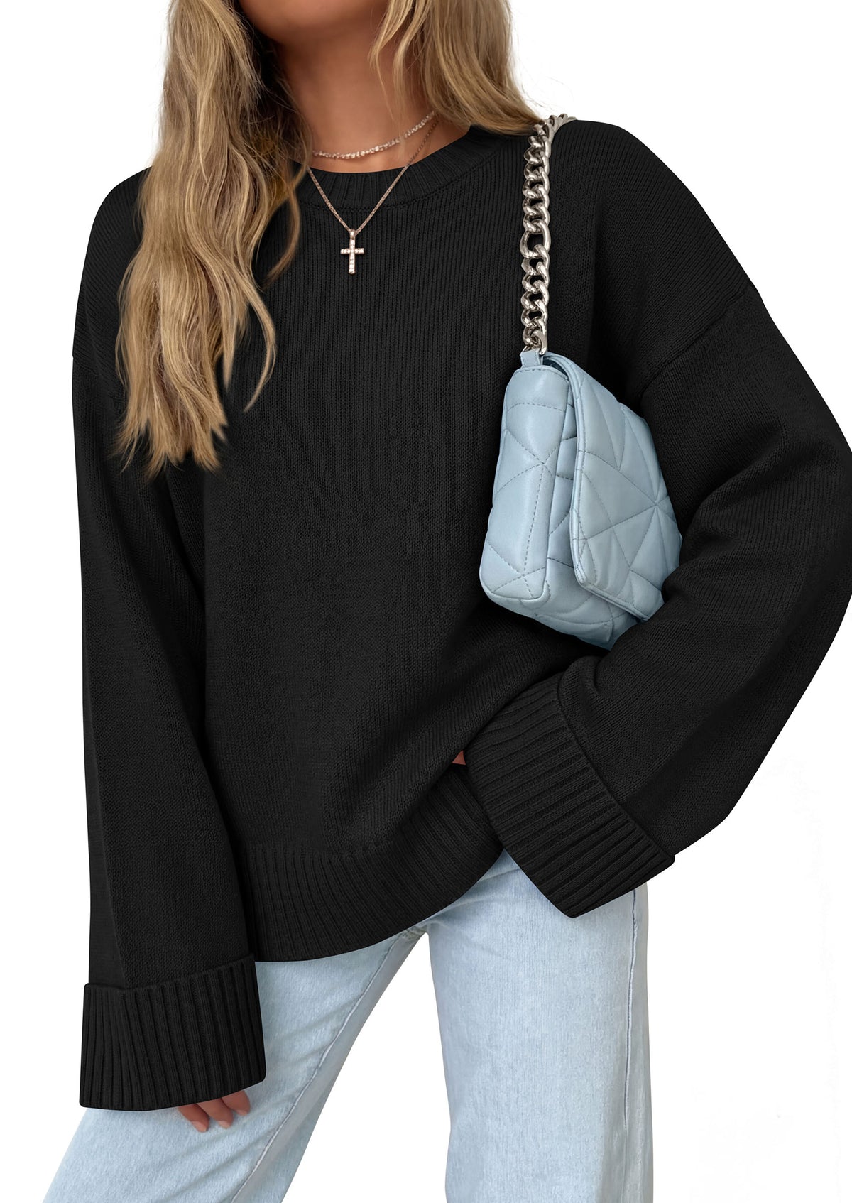 PRETTYGARDEN Oversized Sweater Women's Crewneck Long Sleeve Tops Solid Ribbed Knit Top, Drop Shoulder Pullover Sweaters,Fall Winter Cozy Cloting