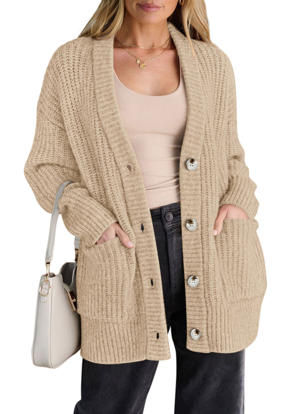 PRETTYGARDEN Oversized Cardigan Sweaters for Women Button Up V Neck Long Cardigans, Chunky Ribbed Knit Loose Fit with Side Pockets, Fall Winter Clothing