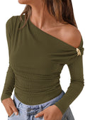 PRETTYGARDEN Womens Off The Shoulder Asymmetrical Tops Long Sleeve Shirts Soft Stretchy Ribbed,Fitted Dressy Blouses,Ruched Waist Slimming,One Shoulder Y2K Going Out Top