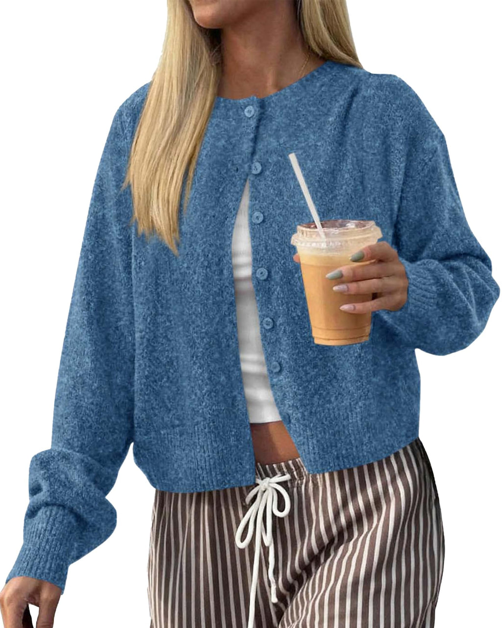 FreshPretty Cardigan Sweaters for Women Fall Long Sleeve Lightweight Knit,Button Front,Crewneck Drop Shoulder Business Casual Outfits,Soft Textured Cropped Sweater,Loose Daily Wear Travel Vacation