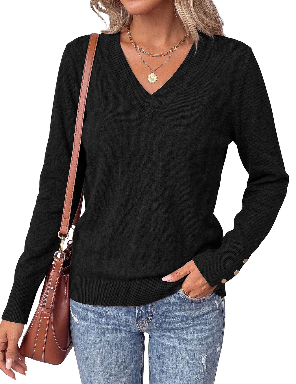 PRETTYGARDEN Fall Sweaters for Women V Neck Lightweight Pullover Soft Knit Sweater Tops,Long Sleeve,Slit Cuffs with Decorative,Layering Winter Clothes