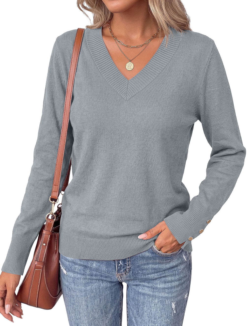 PRETTYGARDEN Fall Sweaters for Women V Neck Lightweight Pullover Soft Knit Sweater Tops,Long Sleeve,Slit Cuffs with Decorative,Layering Winter Clothes