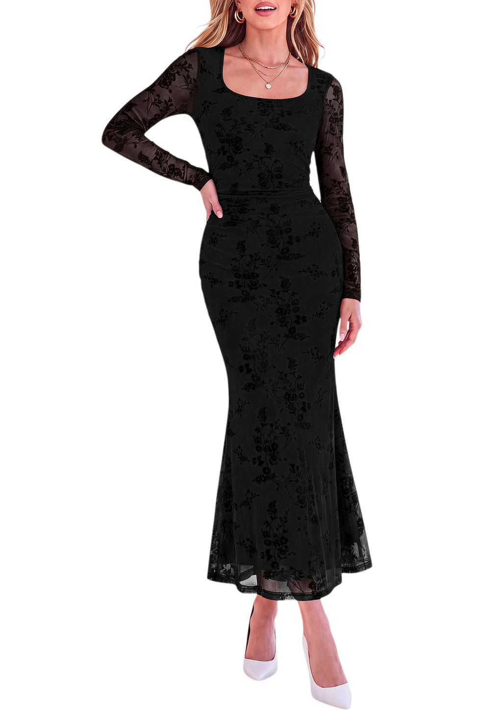 PRETTYGARDEN Women's Long Sleeve Floral Maxi Bodycon Dress Cocktail Dresses for Wedding Guest, Square Neck, Stretchy Mesh, Elegant Classy, Formal Holiday Party