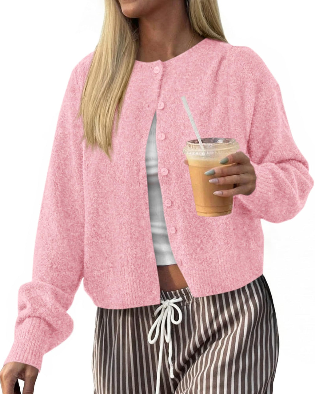 FreshPretty Cardigan Sweaters for Women Fall Long Sleeve Lightweight Knit,Button Front,Crewneck Drop Shoulder Business Casual Outfits,Soft Textured Cropped Sweater,Loose Daily Wear Travel Vacation