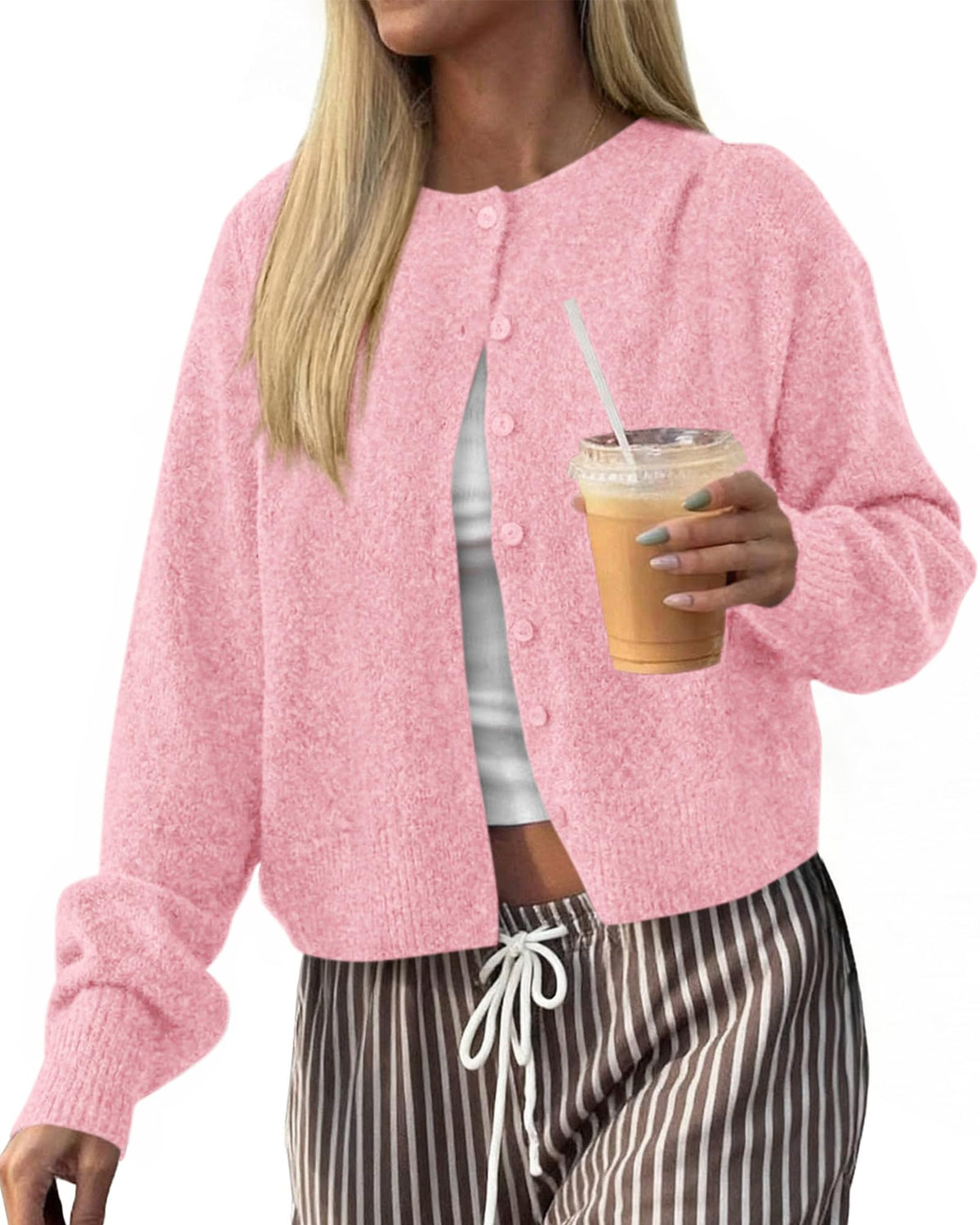 FreshPretty Cardigan Sweaters for Women Fall Long Sleeve Lightweight Knit,Button Front,Crewneck Drop Shoulder Business Casual Outfits,Soft Textured Cropped Sweater,Loose Daily Wear Travel Vacation