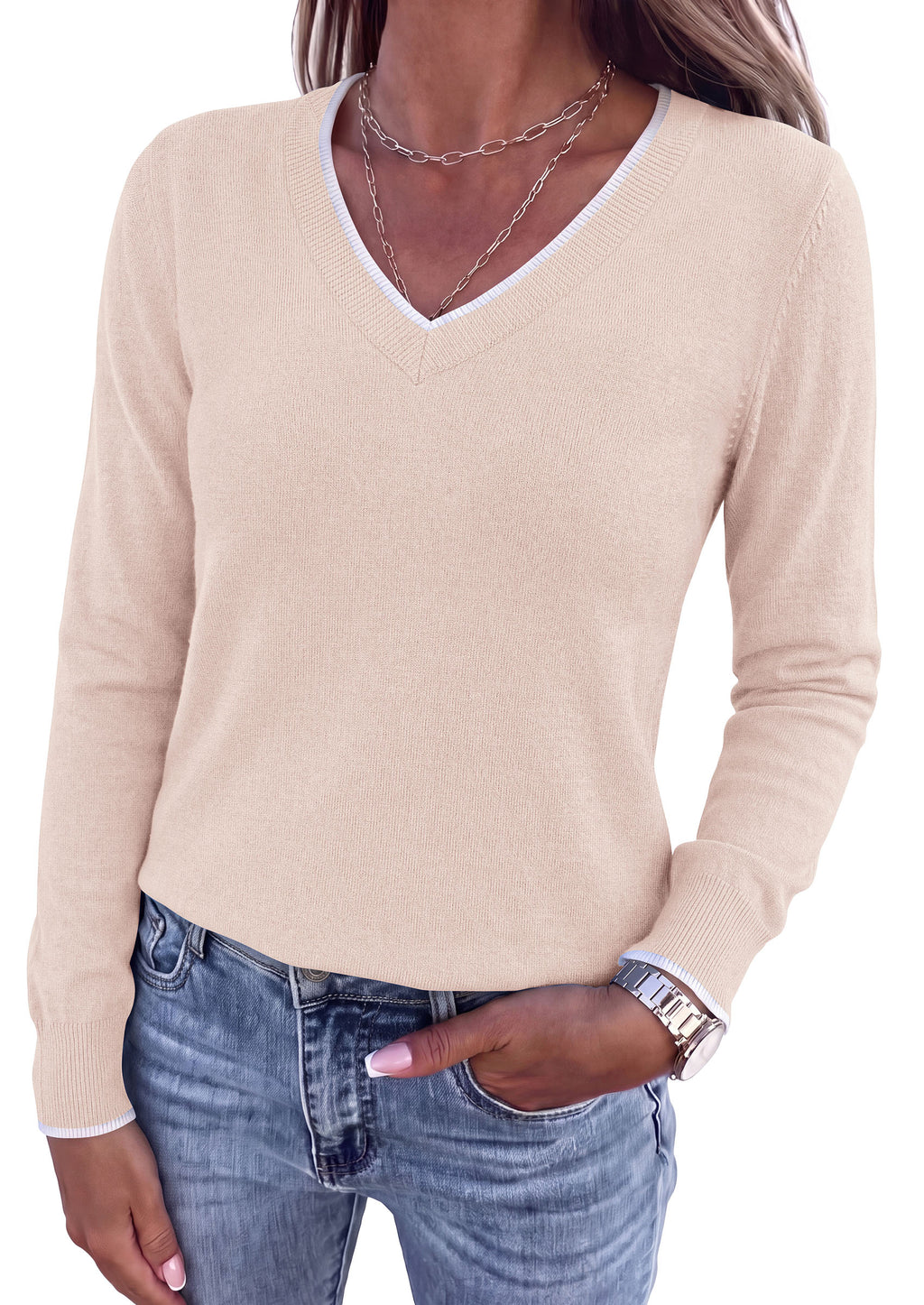 PRETTYGARDEN Women's V Neck Sweater Long Sleeve Knit Tops Patchwork V Neck, Cozy Lightweight Pullover, Loose Basic Soft, Business Casual, Fall Winter Clothes