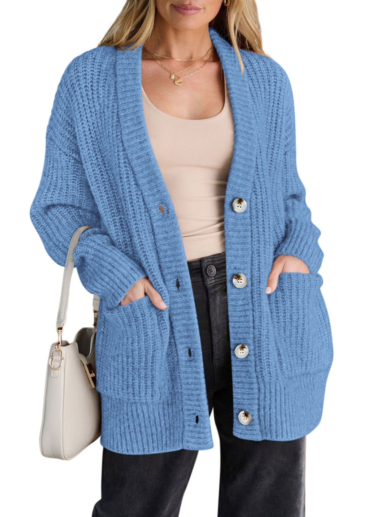 PRETTYGARDEN Oversized Cardigan Sweaters for Women Button Up V Neck Long Cardigans, Chunky Ribbed Knit Loose Fit with Side Pockets, Fall Winter Clothing