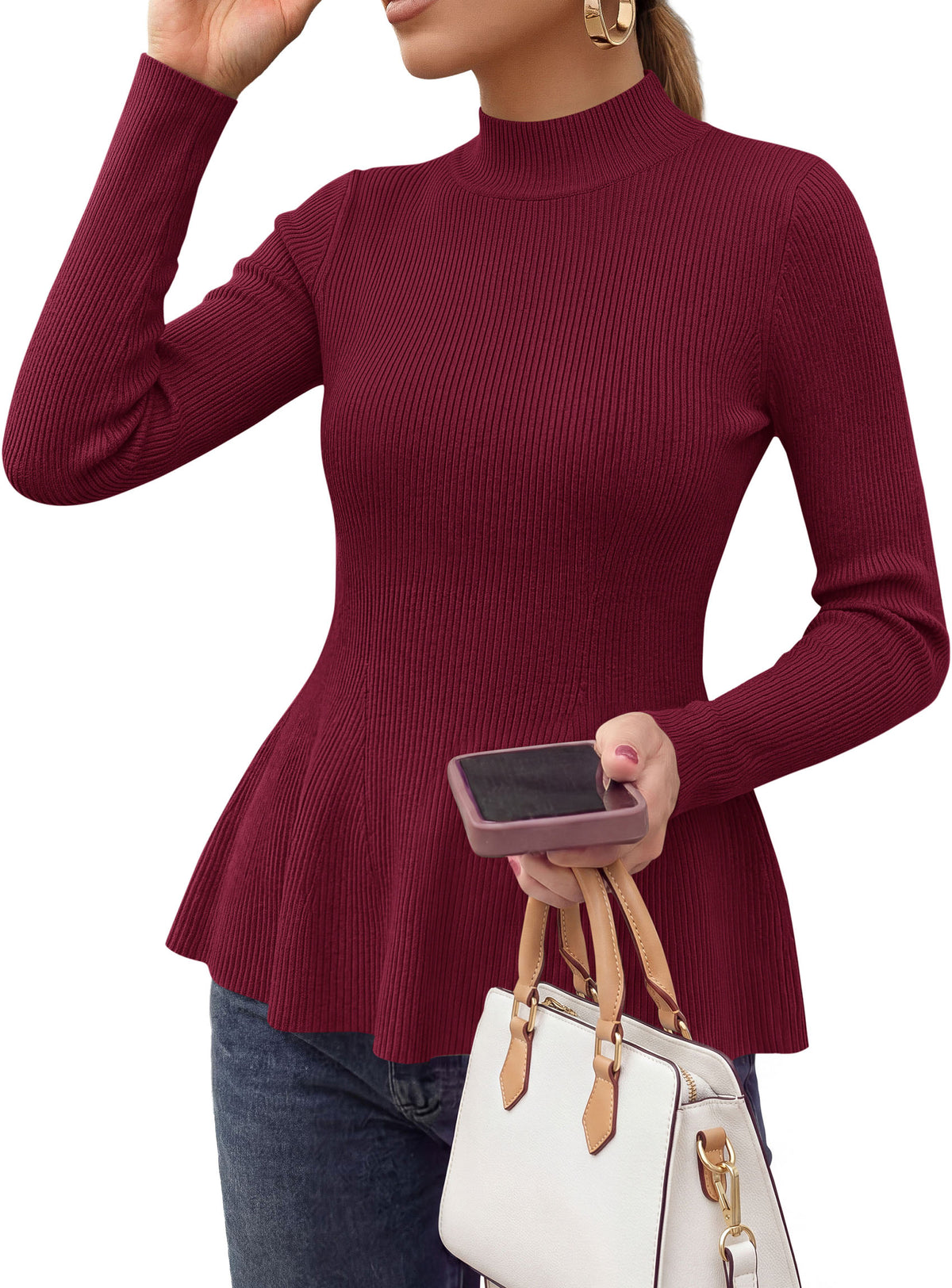 PRETTYGARDEN Womens Fall Mock Neck Long Sleeve Tops Bodycon Peplum Sweaters Cozy Soft Knit Pullover,Ruffle Hem,Business Casual Work Outfits,Trendy Fall Fashion Clothing,Winter Layering Clothes