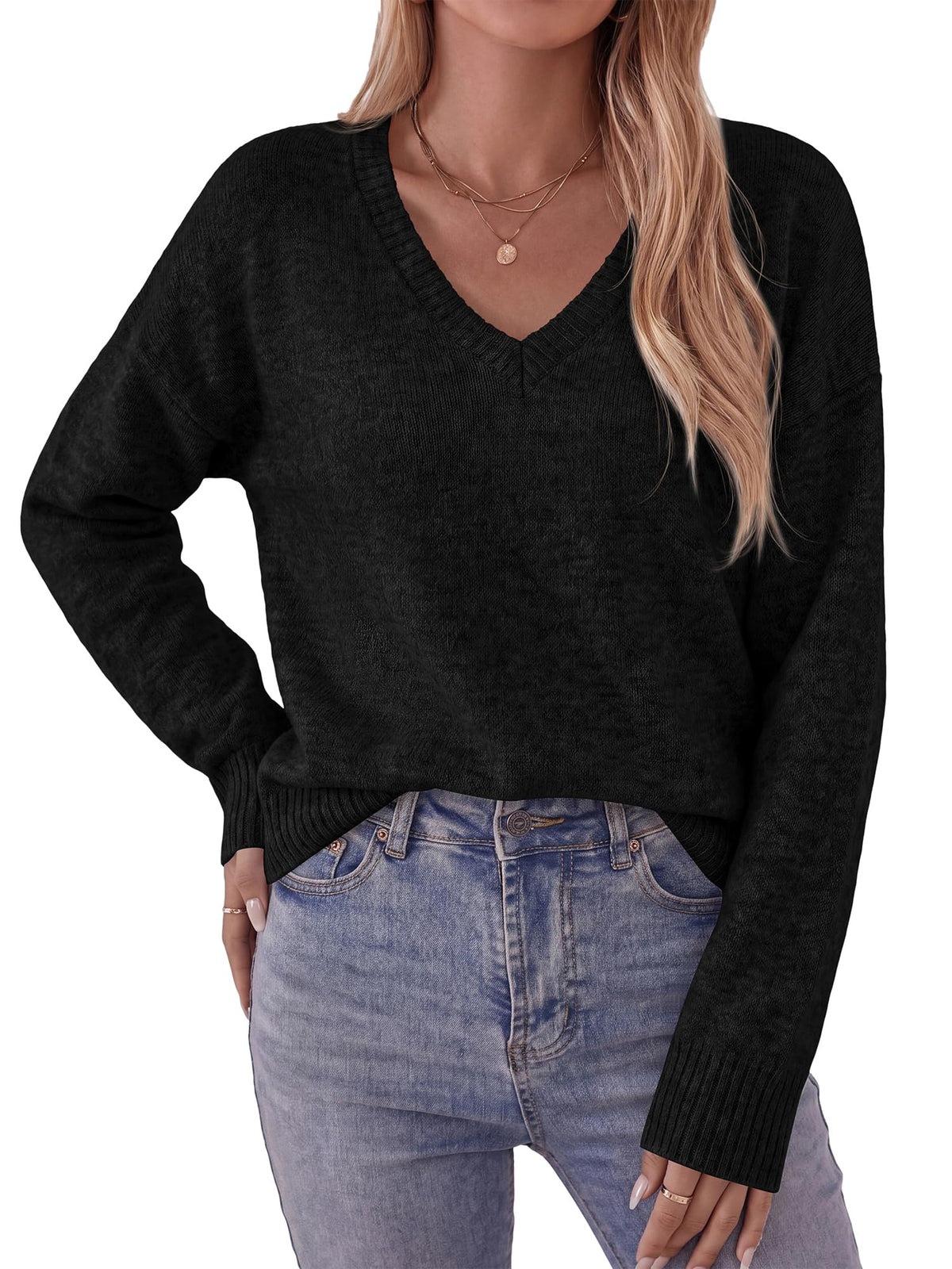 FreshPretty V Neck Sweaters for Women Casual Pullover Long Sleeve Tops,Lightweight Soft Ribbed Knit Fall Shirts,Drop Shoulder Loose Work Top Basic Sweater,Daily Vacation Outfits Winter Clothes
