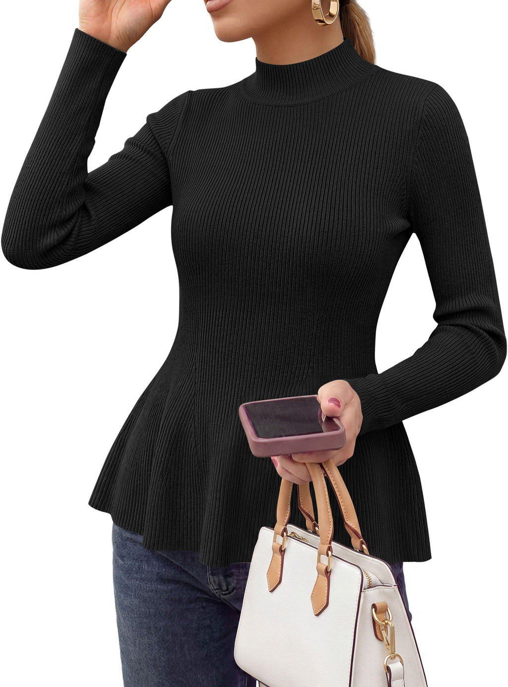 PRETTYGARDEN Womens Fall Mock Neck Long Sleeve Tops Bodycon Peplum Sweaters Cozy Soft Knit Pullover,Ruffle Hem,Business Casual Work Outfits,Trendy Fall Fashion Clothing,Winter Layering Clothes