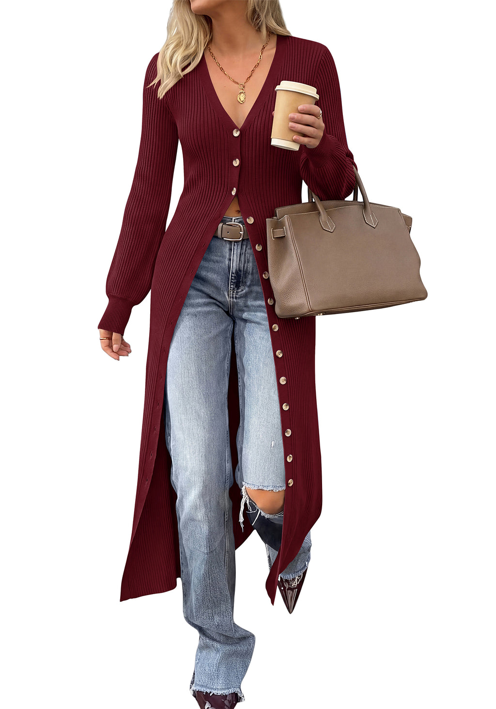 BTFBM Button Up Long Cardigans for Women Ribbed V Neck Midi Sweater Dress Puff Long Sleeve Cardigan Sweaters, Soft Stretchy Lightweight Duster Cardigans, Knit Winter Dresses, Fall Outfits Trendy
