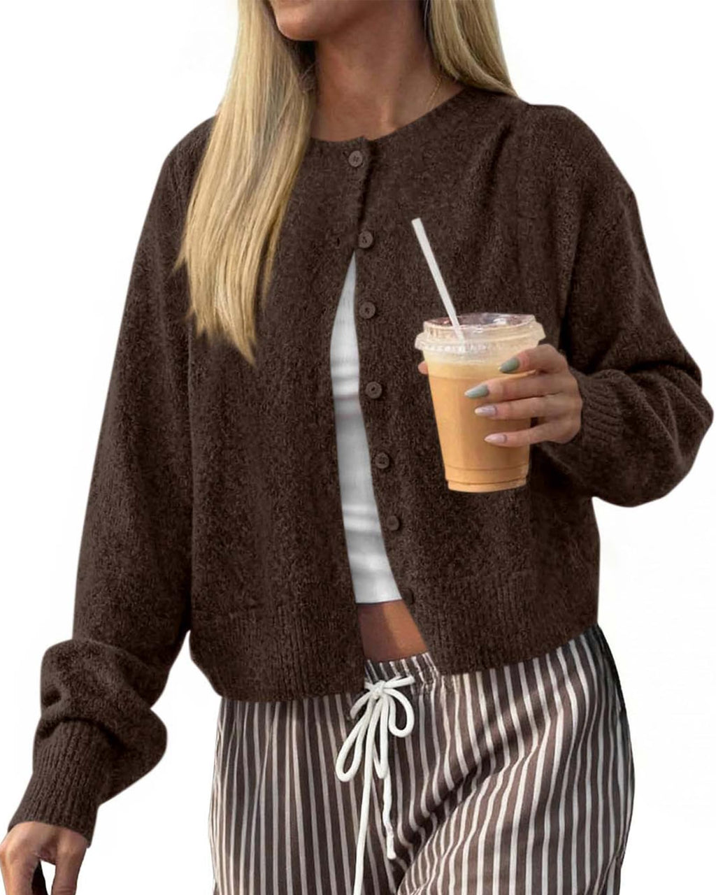 FreshPretty Cardigan Sweaters for Women Fall Long Sleeve Lightweight Knit,Button Front,Crewneck Drop Shoulder Business Casual Outfits,Soft Textured Cropped Sweater,Loose Daily Wear Travel Vacation