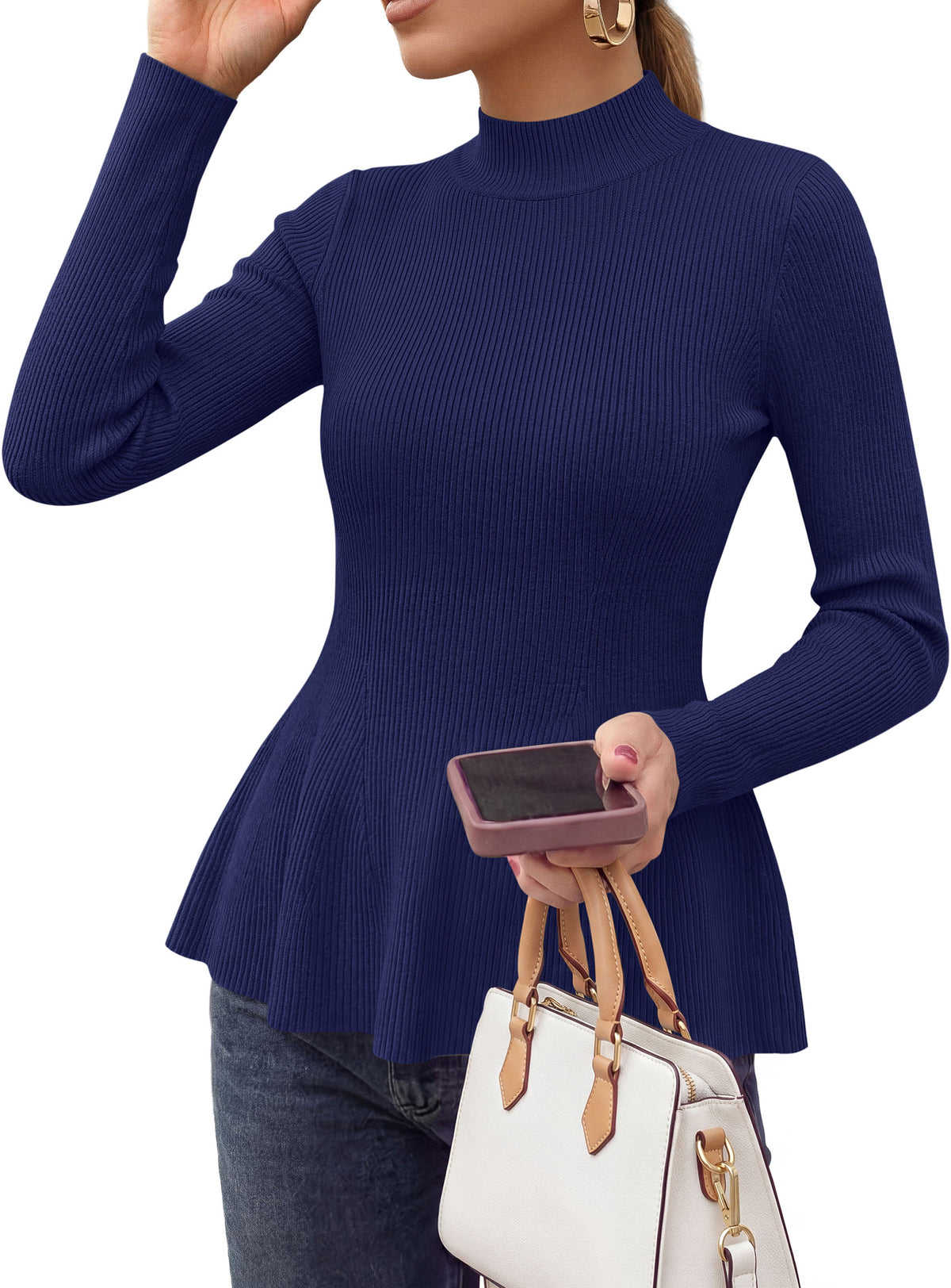PRETTYGARDEN Womens Fall Mock Neck Long Sleeve Tops Bodycon Peplum Sweaters Cozy Soft Knit Pullover,Ruffle Hem,Business Casual Work Outfits,Trendy Fall Fashion Clothing,Winter Layering Clothes