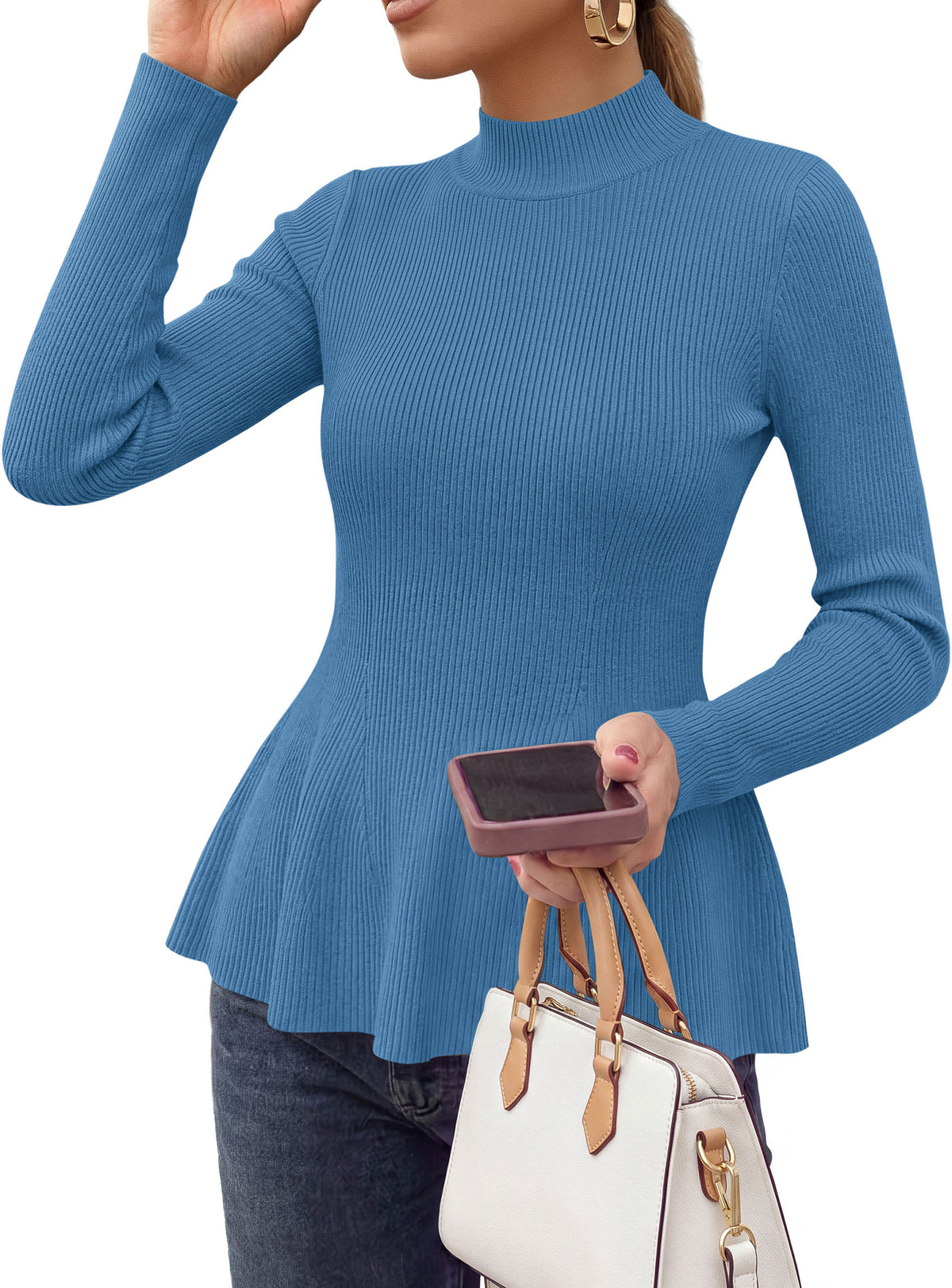 PRETTYGARDEN Womens Fall Mock Neck Long Sleeve Tops Bodycon Peplum Sweaters Cozy Soft Knit Pullover,Ruffle Hem,Business Casual Work Outfits,Trendy Fall Fashion Clothing,Winter Layering Clothes