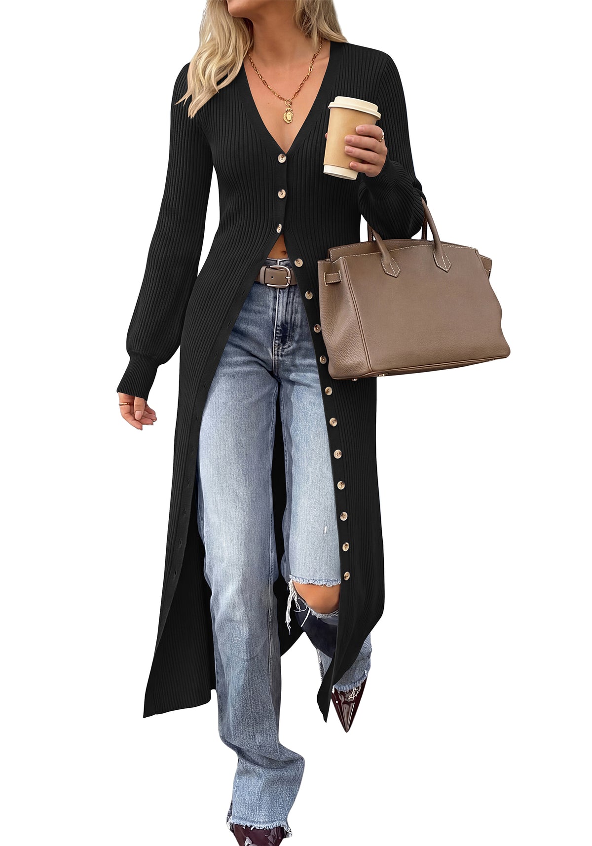 BTFBM Button Up Long Cardigans for Women Ribbed V Neck Midi Sweater Dress Puff Long Sleeve Cardigan Sweaters, Soft Stretchy Lightweight Duster Cardigans, Knit Winter Dresses, Fall Outfits Trendy