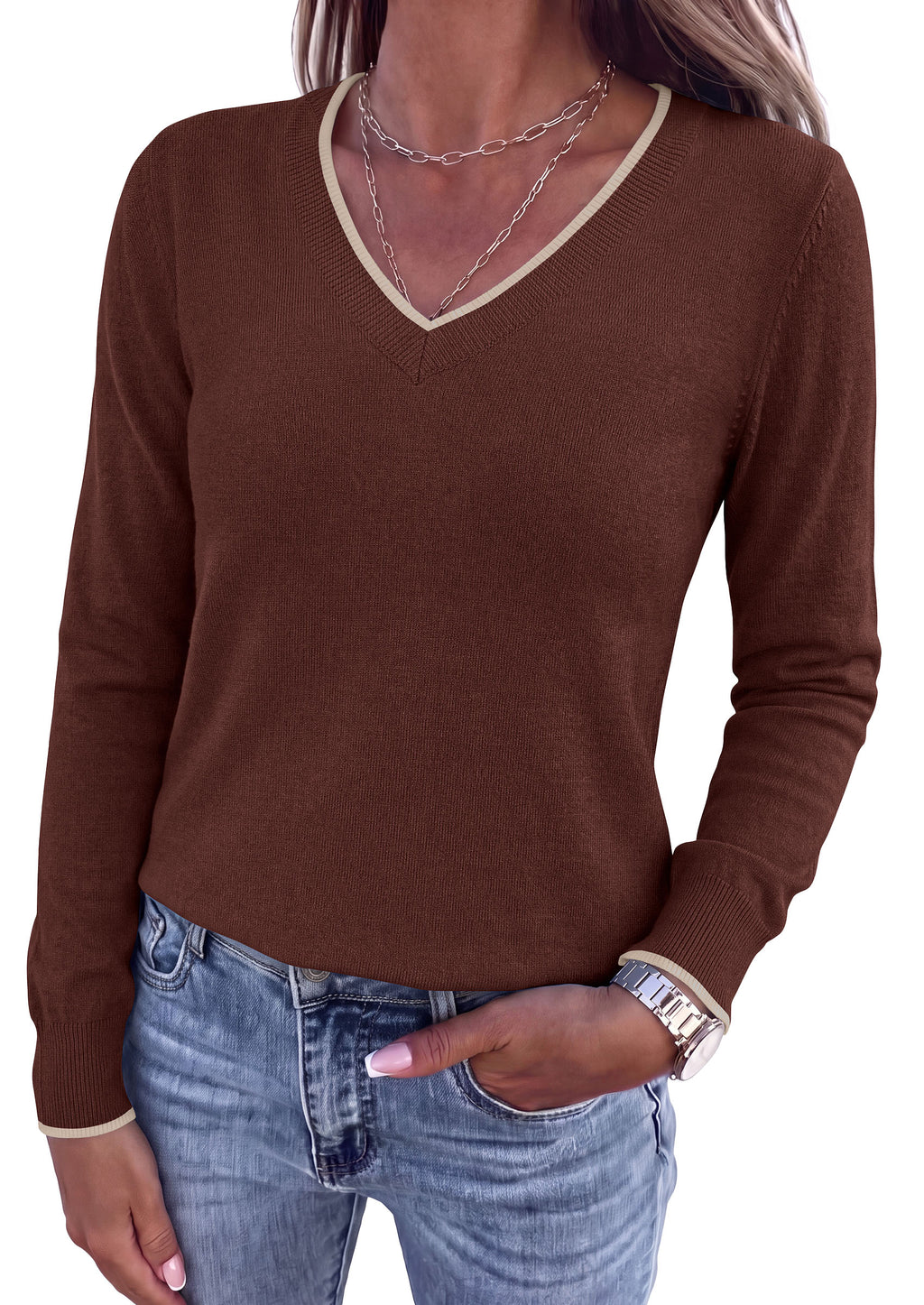 PRETTYGARDEN Women's V Neck Sweater Long Sleeve Knit Tops Patchwork V Neck, Cozy Lightweight Pullover, Loose Basic Soft, Business Casual, Fall Winter Clothes