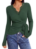 BTFBM Womens Sexy Wrap Top Lace Long Sleeve Tops Lightweight V-Neck Slim Fitted Shirt,Adjustable Side Tie,Cocatail,Party,Vacation,Early Fall Fashion,Winter Clothes