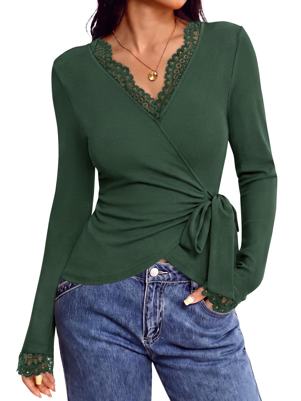 BTFBM Womens Sexy Wrap Top Lace Long Sleeve Tops Lightweight V-Neck Slim Fitted Shirt,Adjustable Side Tie,Cocatail,Party,Vacation,Early Fall Fashion,Winter Clothes