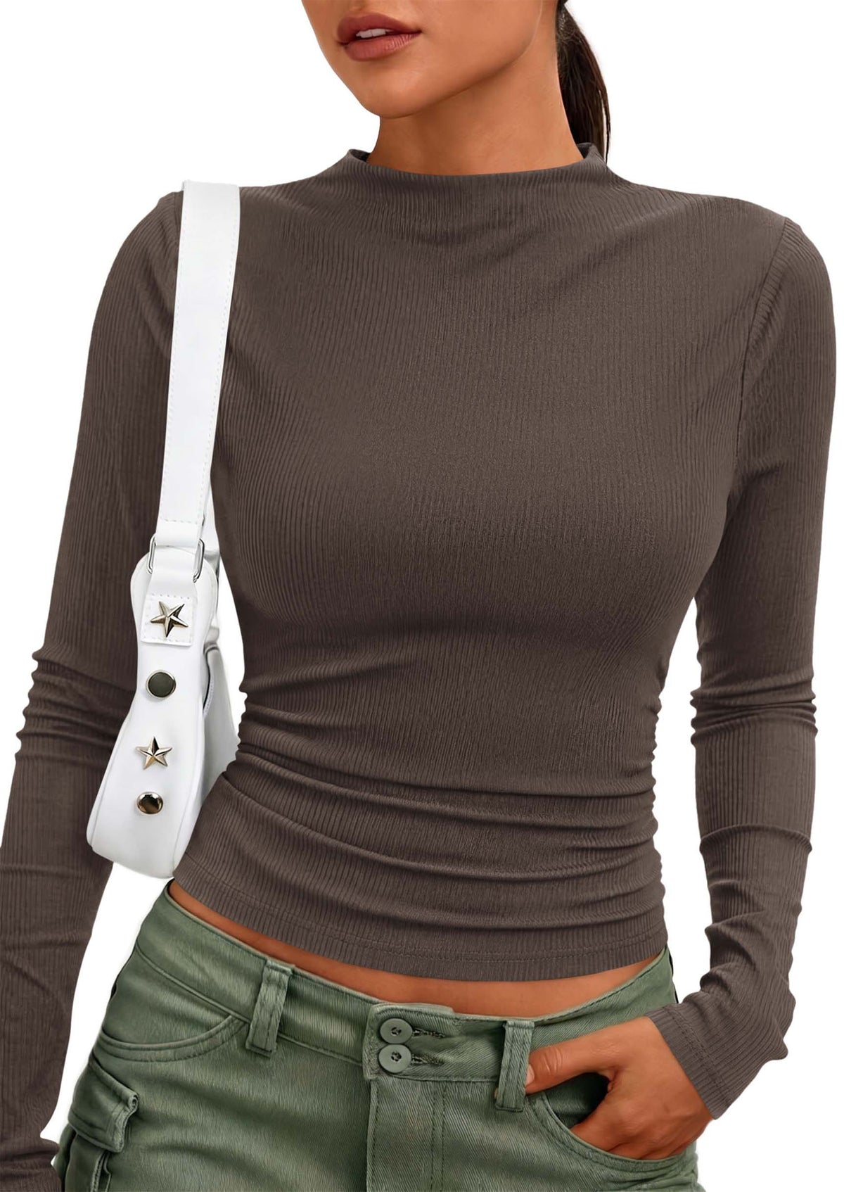 PRETTYGARDEN Womens Tops Casual Mock Neck Long Sleeve Shirts Soft Stretchy Ribbed Knit, Ruched Slim Fit, Going Out Tops, Work, Date Outfits, Y2K Clothes,Fall Winter Basic Layering