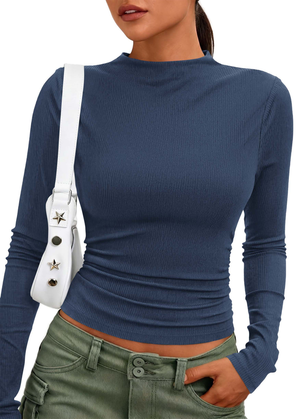 PRETTYGARDEN Womens Tops Casual Mock Neck Long Sleeve Shirts Soft Stretchy Ribbed Knit, Ruched Slim Fit, Going Out Tops, Work, Date Outfits, Y2K Clothes,Fall Winter Basic Layering