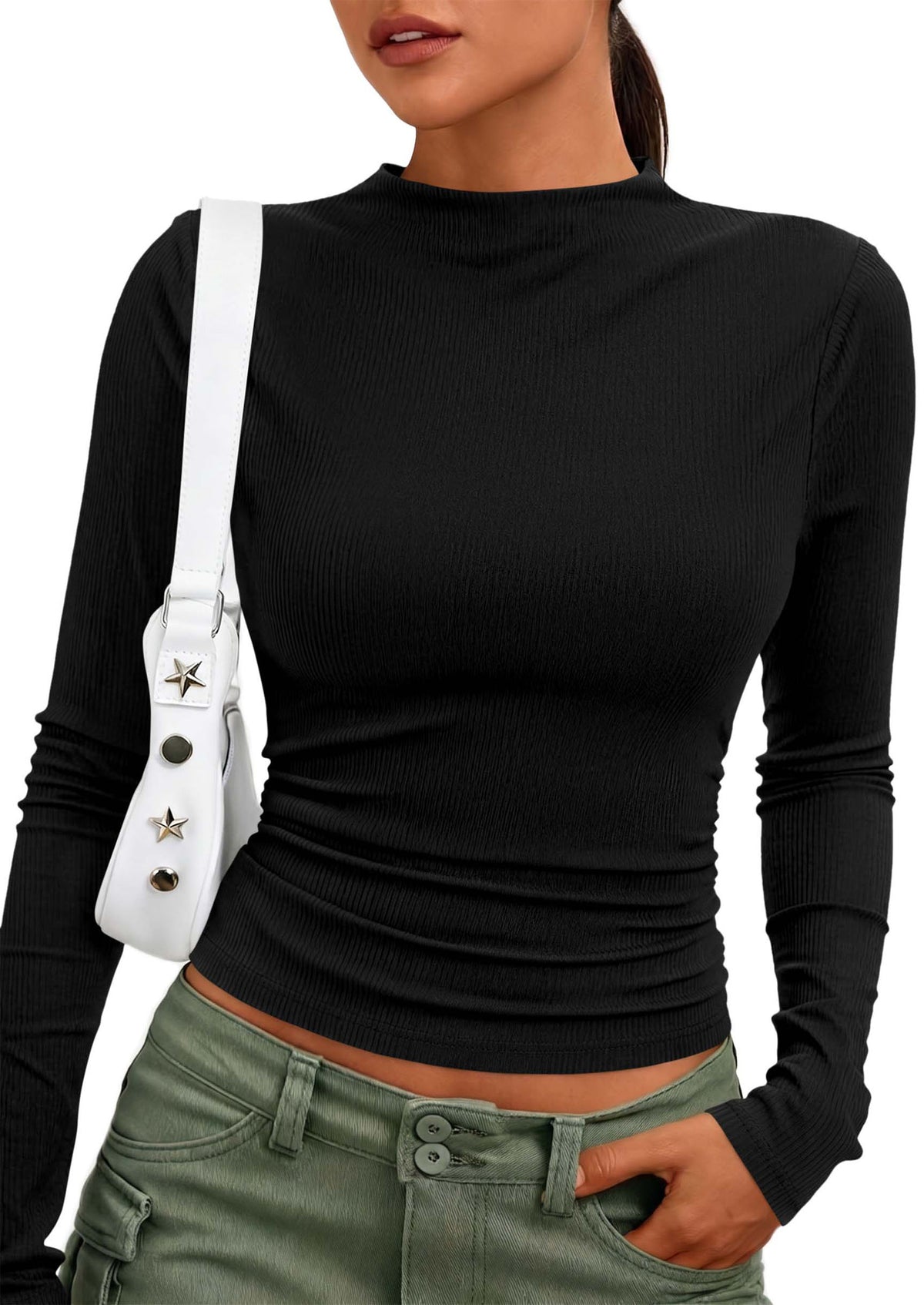 PRETTYGARDEN Womens Tops Casual Mock Neck Long Sleeve Shirts Soft Stretchy Ribbed Knit, Ruched Slim Fit, Going Out Tops, Work, Date Outfits, Y2K Clothes,Fall Winter Basic Layering