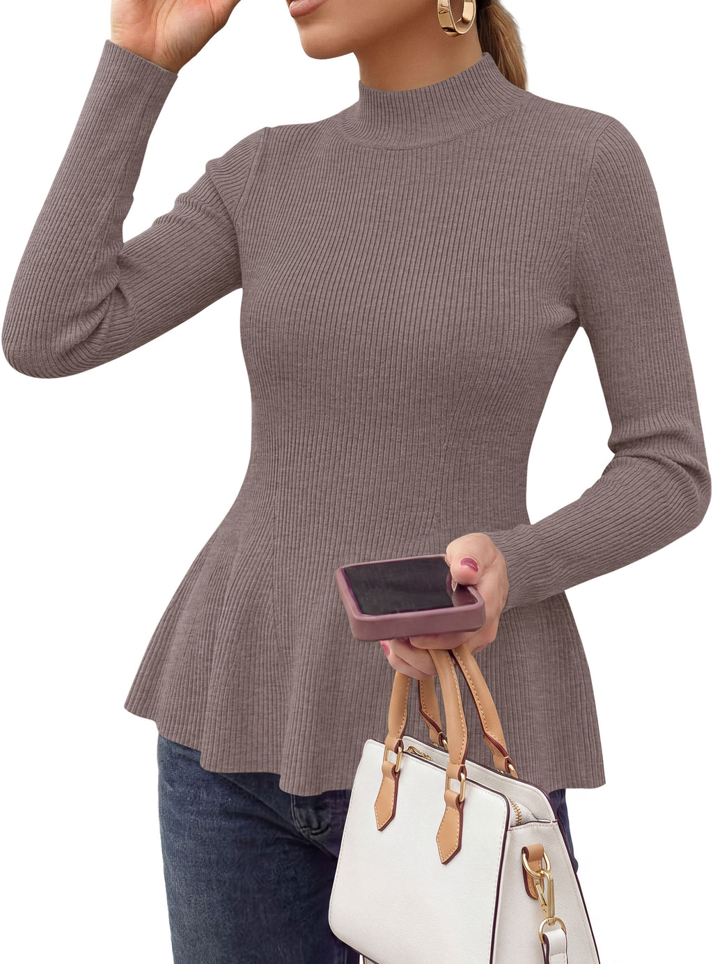 PRETTYGARDEN Womens Fall Mock Neck Long Sleeve Tops Bodycon Peplum Sweaters Cozy Soft Knit Pullover,Ruffle Hem,Business Casual Work Outfits,Trendy Fall Fashion Clothing,Winter Layering Clothes