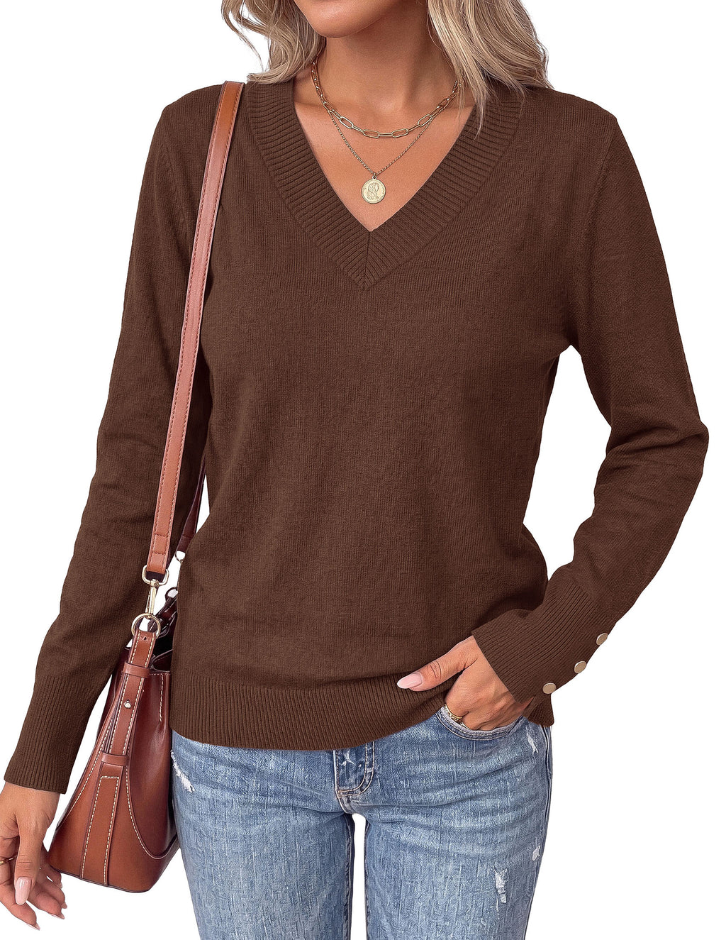 PRETTYGARDEN Fall Sweaters for Women V Neck Lightweight Pullover Soft Knit Sweater Tops,Long Sleeve,Slit Cuffs with Decorative,Layering Winter Clothes