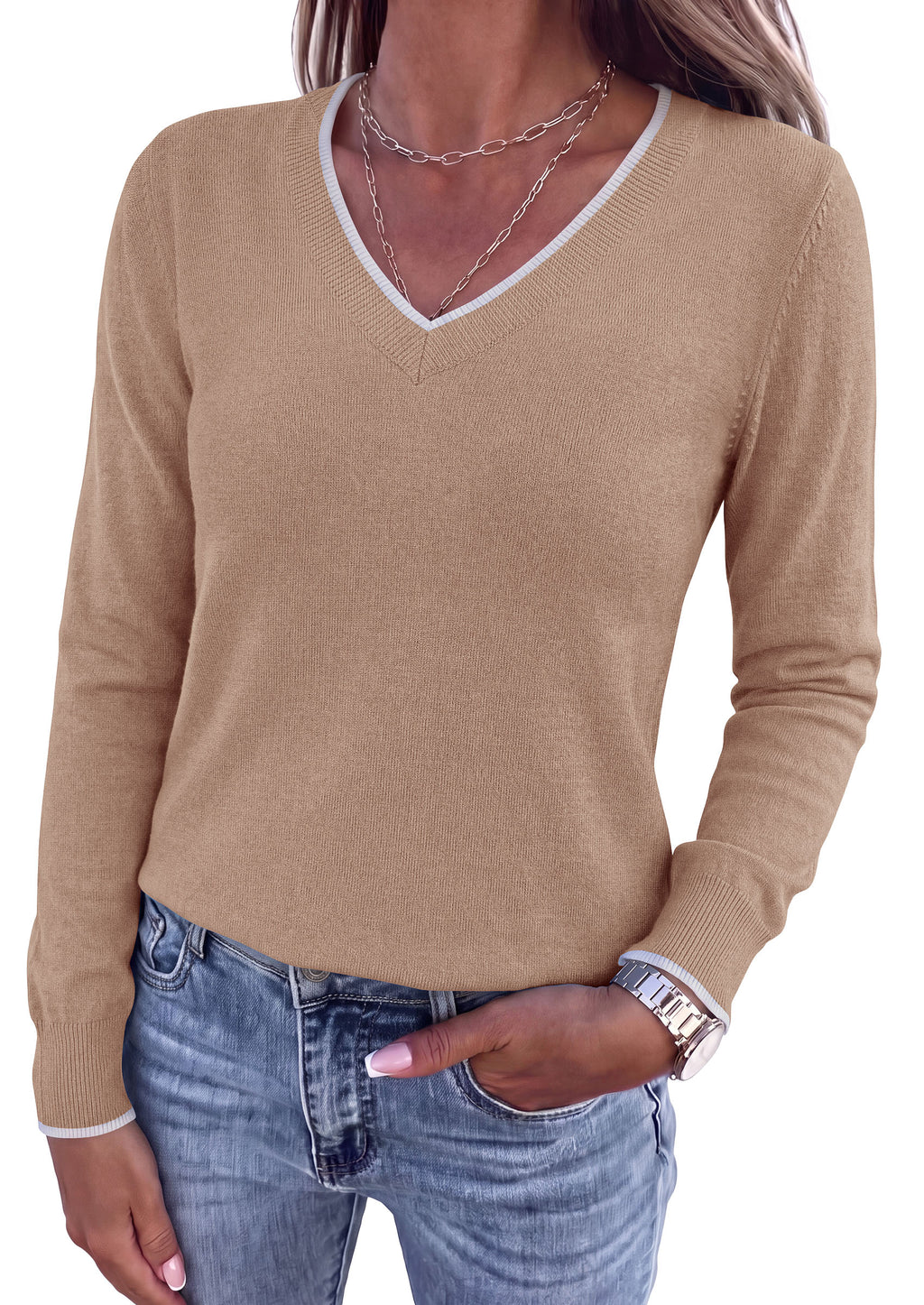 PRETTYGARDEN Women's V Neck Sweater Long Sleeve Knit Tops Patchwork V Neck, Cozy Lightweight Pullover, Loose Basic Soft, Business Casual, Fall Winter Clothes
