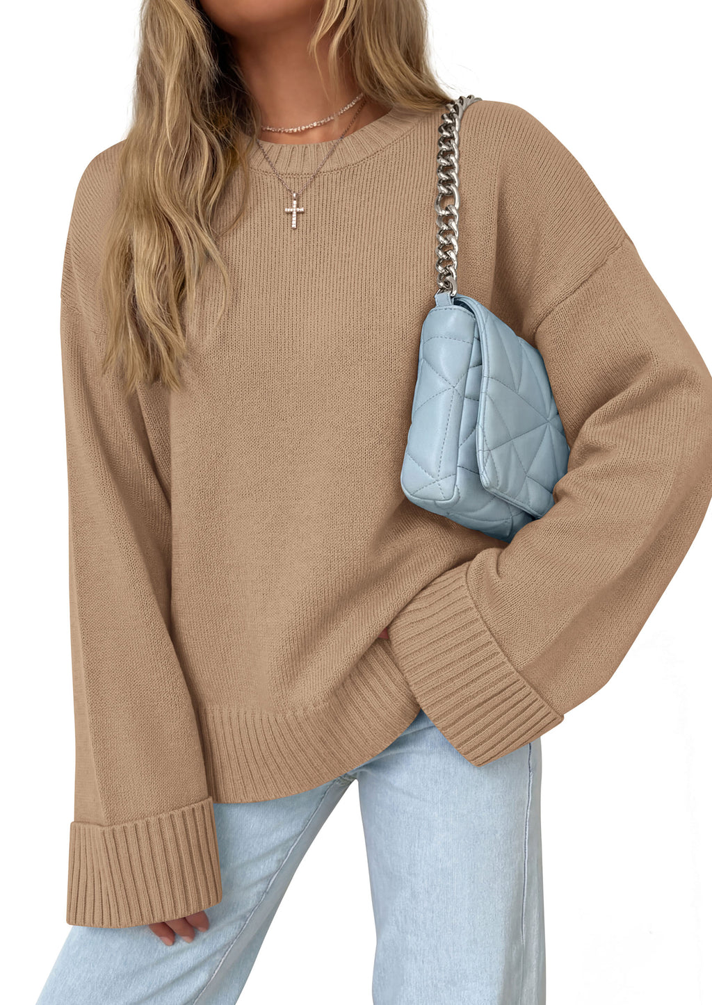 PRETTYGARDEN Oversized Sweater Women's Crewneck Long Sleeve Tops Solid Ribbed Knit Top, Drop Shoulder Pullover Sweaters,Fall Winter Cozy Cloting