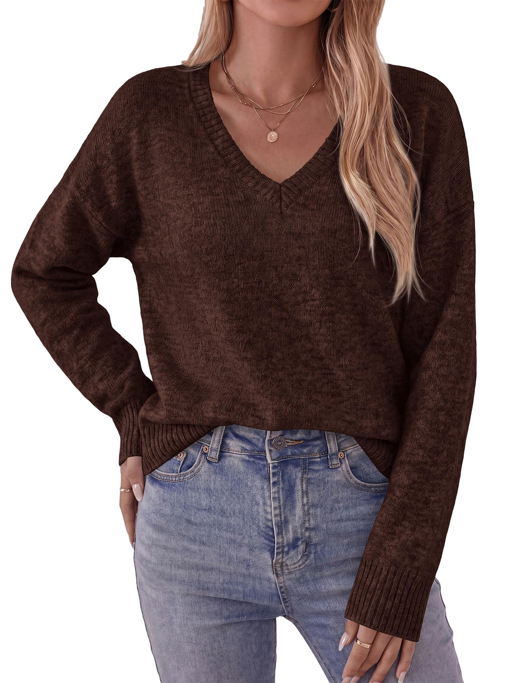 FreshPretty V Neck Sweaters for Women Casual Pullover Long Sleeve Tops,Lightweight Soft Ribbed Knit Fall Shirts,Drop Shoulder Loose Work Top Basic Sweater,Daily Vacation Outfits Winter Clothes