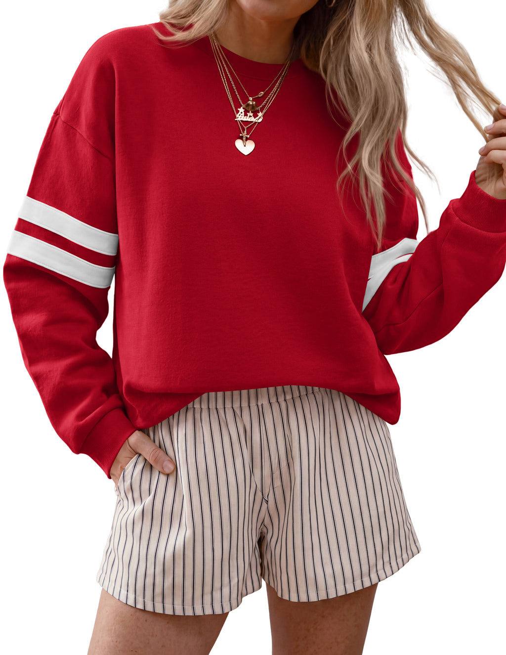 BTFBM Womens Oversized Sweatshirt Varsity Striped Tops Casual Long Sleeve Crewneck Drop Shoulder Knit Pullover Sweatshirts,Retro Sporty,Work,School,Holiday,Fall Winter