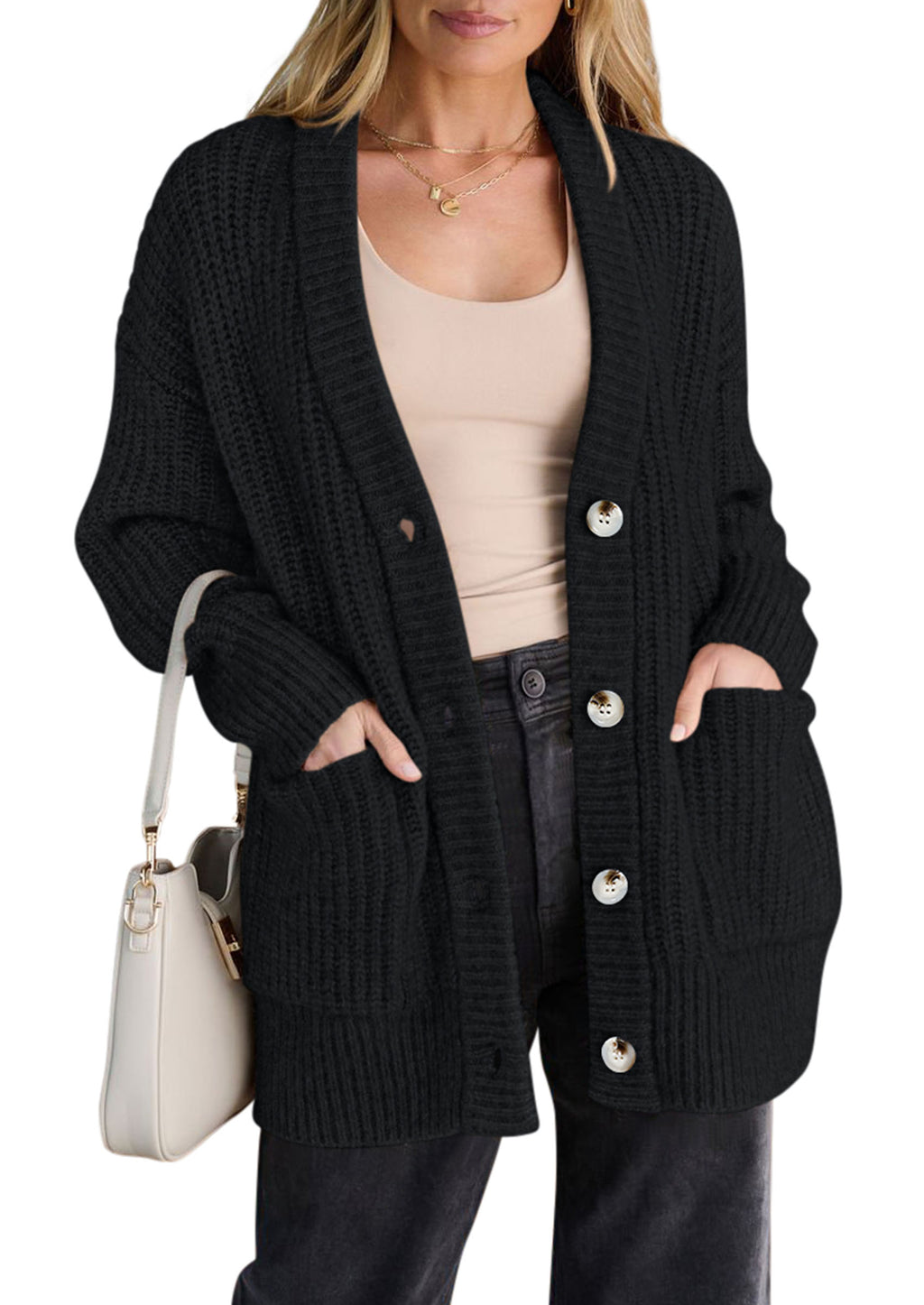 PRETTYGARDEN Oversized Cardigan Sweaters for Women Button Up V Neck Long Cardigans, Chunky Ribbed Knit Loose Fit with Side Pockets, Fall Winter Clothing